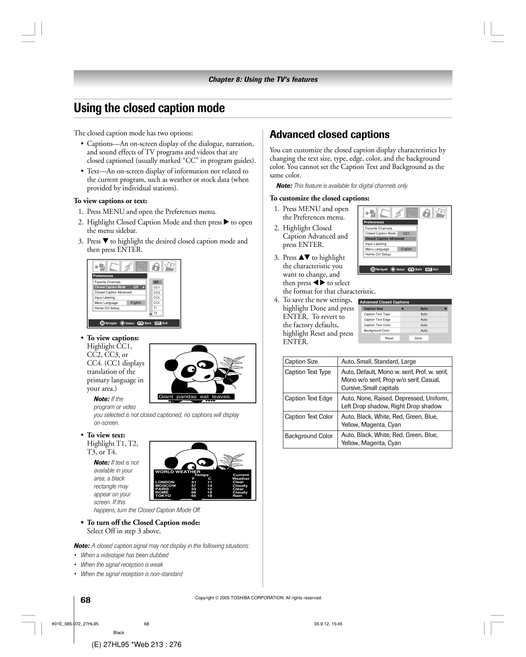 Toshiba 27HL95 manual Using the closed caption mode, Advanced closed captions 