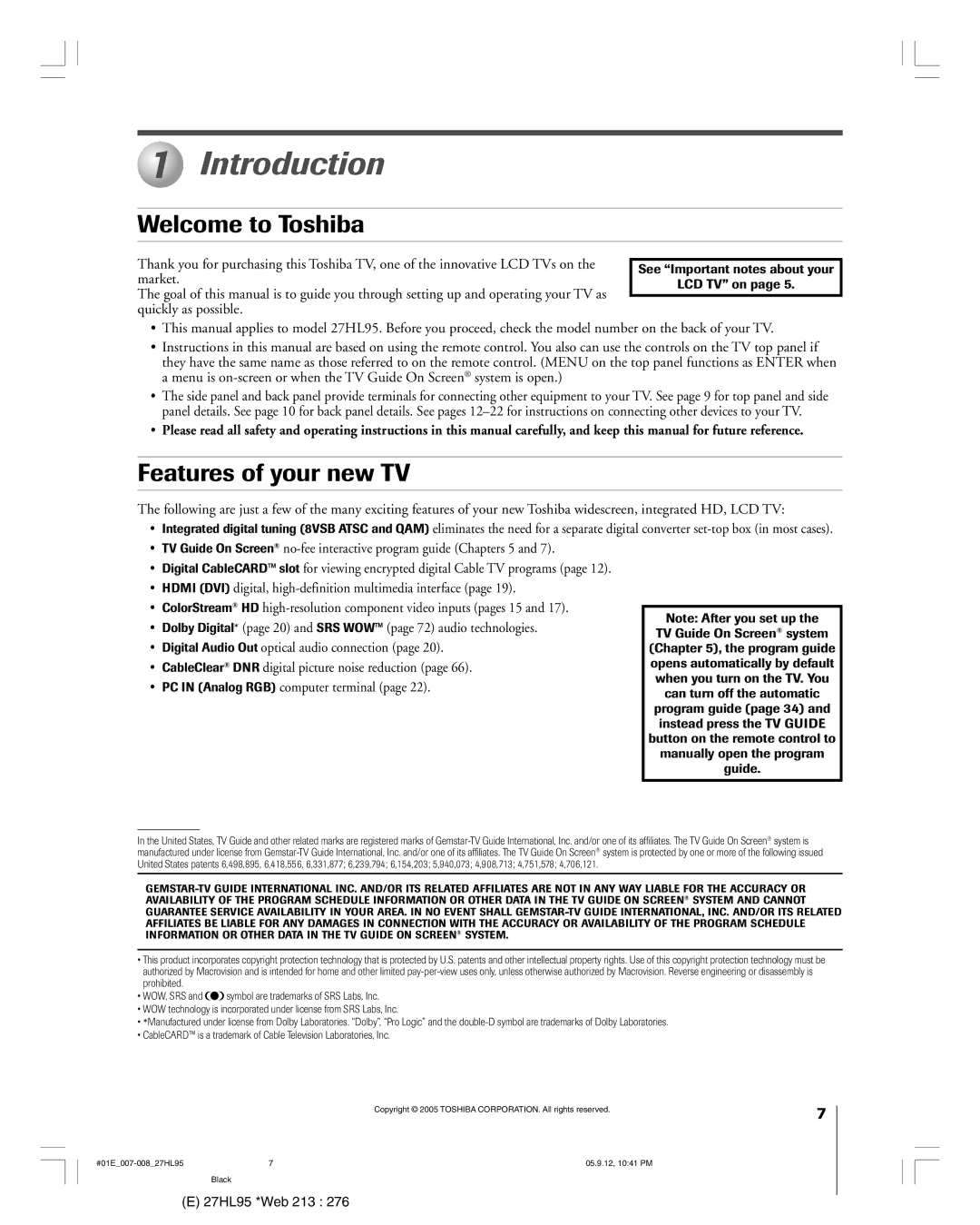 Toshiba 27HL95 manual Introduction, Welcome to Toshiba, Features of your new TV, See ÒImportant notes about your LCD TVÓ on 