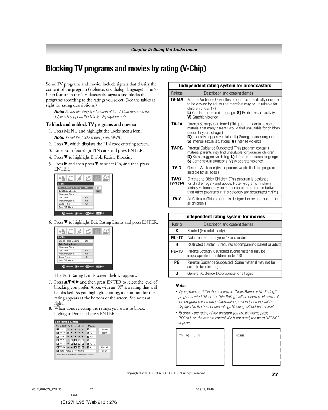 Toshiba 27HL95 manual Blocking TV programs and movies by rating V-Chip, To block and unblock TV programs and movies 