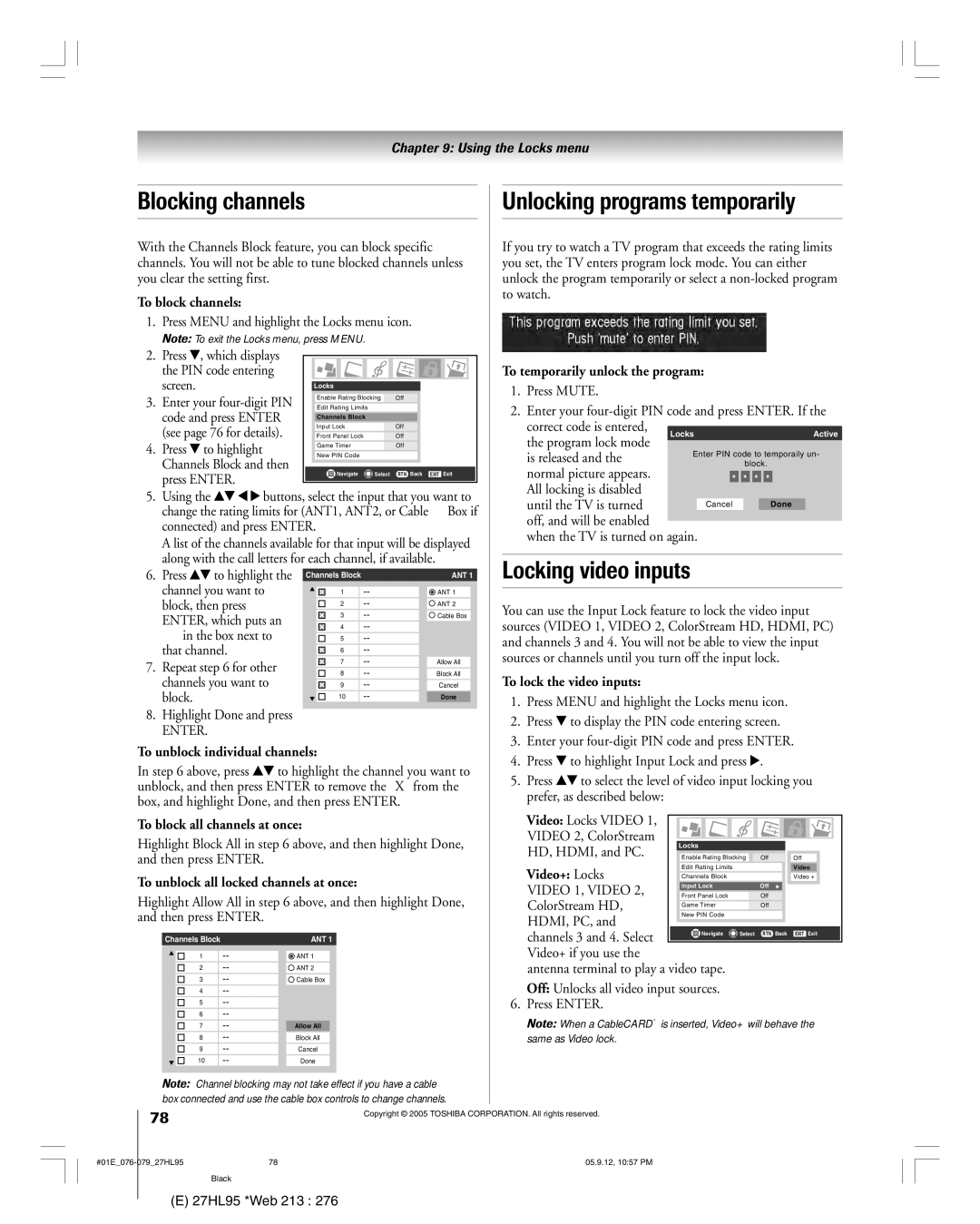 Toshiba 27HL95 manual Blocking channels, Unlocking programs temporarily, Locking video inputs 