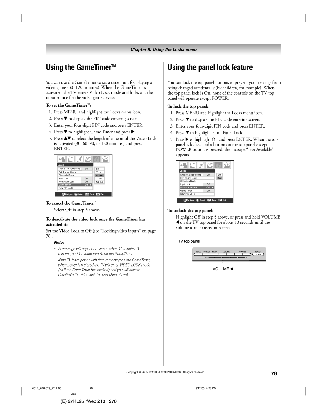 Toshiba 27HL95 manual Using the GameTimerª, Using the panel lock feature 