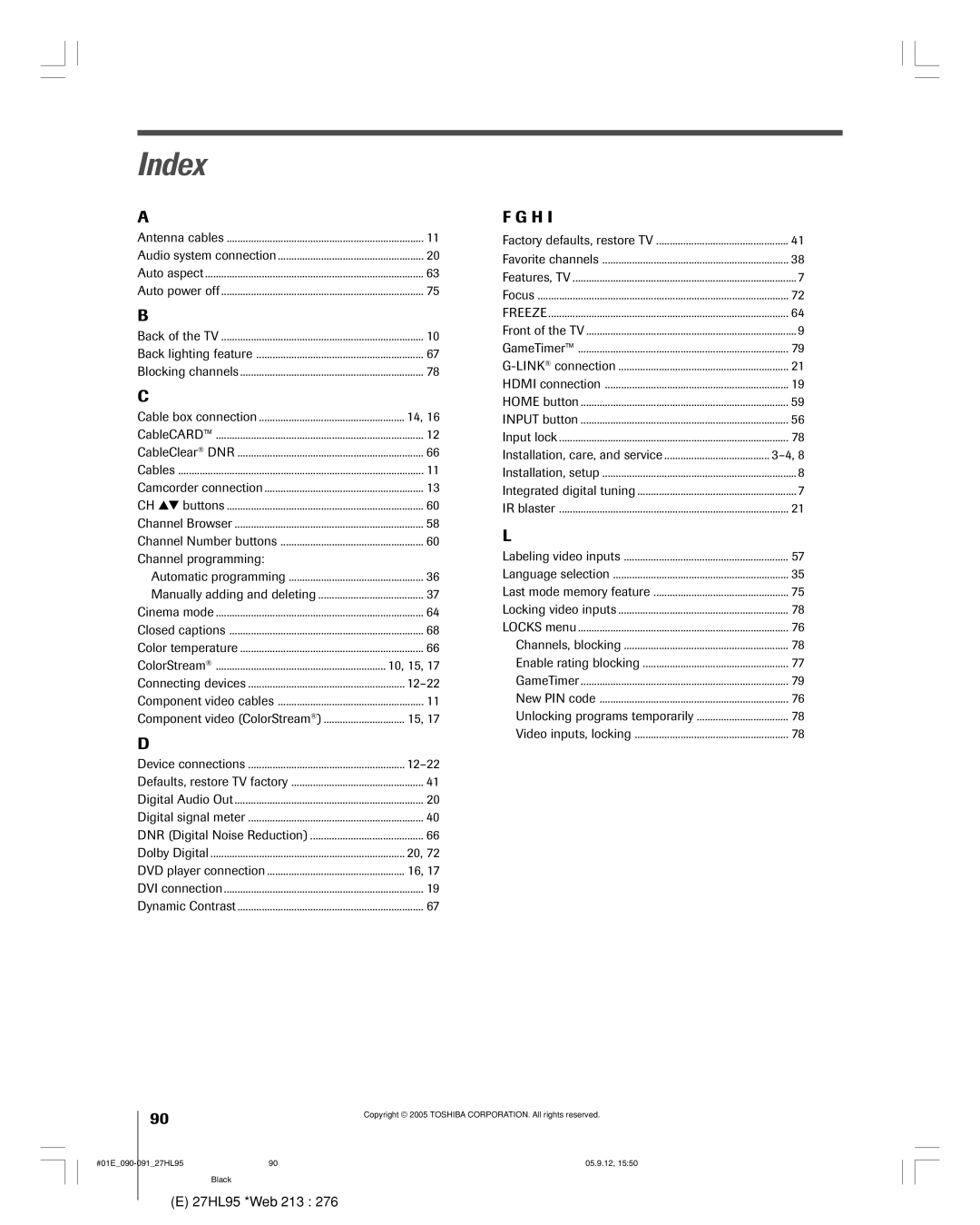 Toshiba 27HL95 manual Index, Channel programming, 12-22 