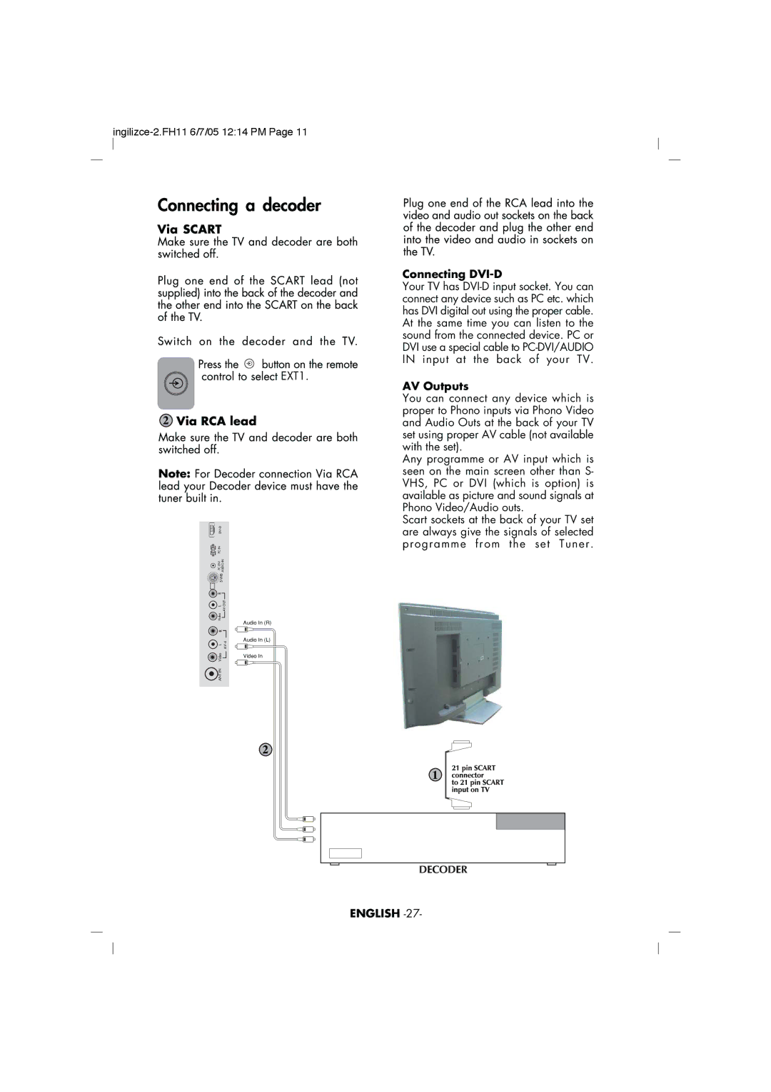 Toshiba 27WL46, 30WL46 manual Connecting DVI-D, AV Outputs 