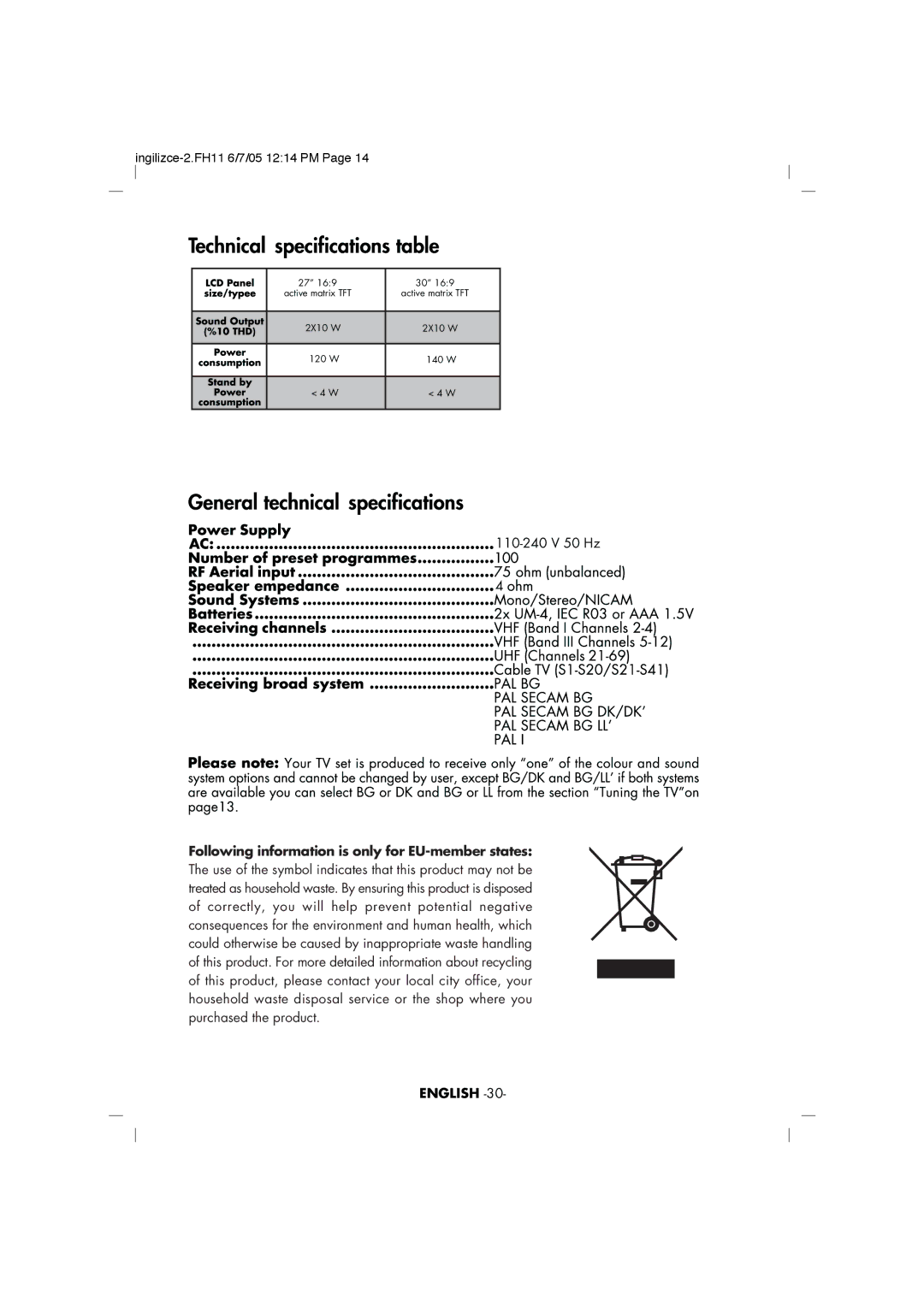 Toshiba 30WL46, 27WL46 manual Following information is only for EU-member states 