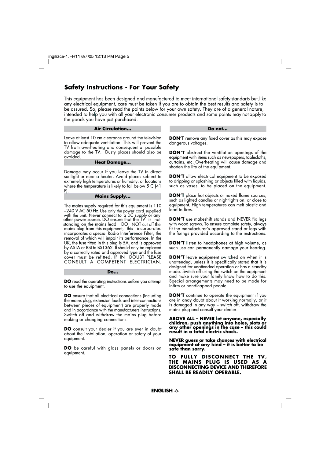 Toshiba 30WL46, 27WL46 manual Safety Instructions For Your Safety 