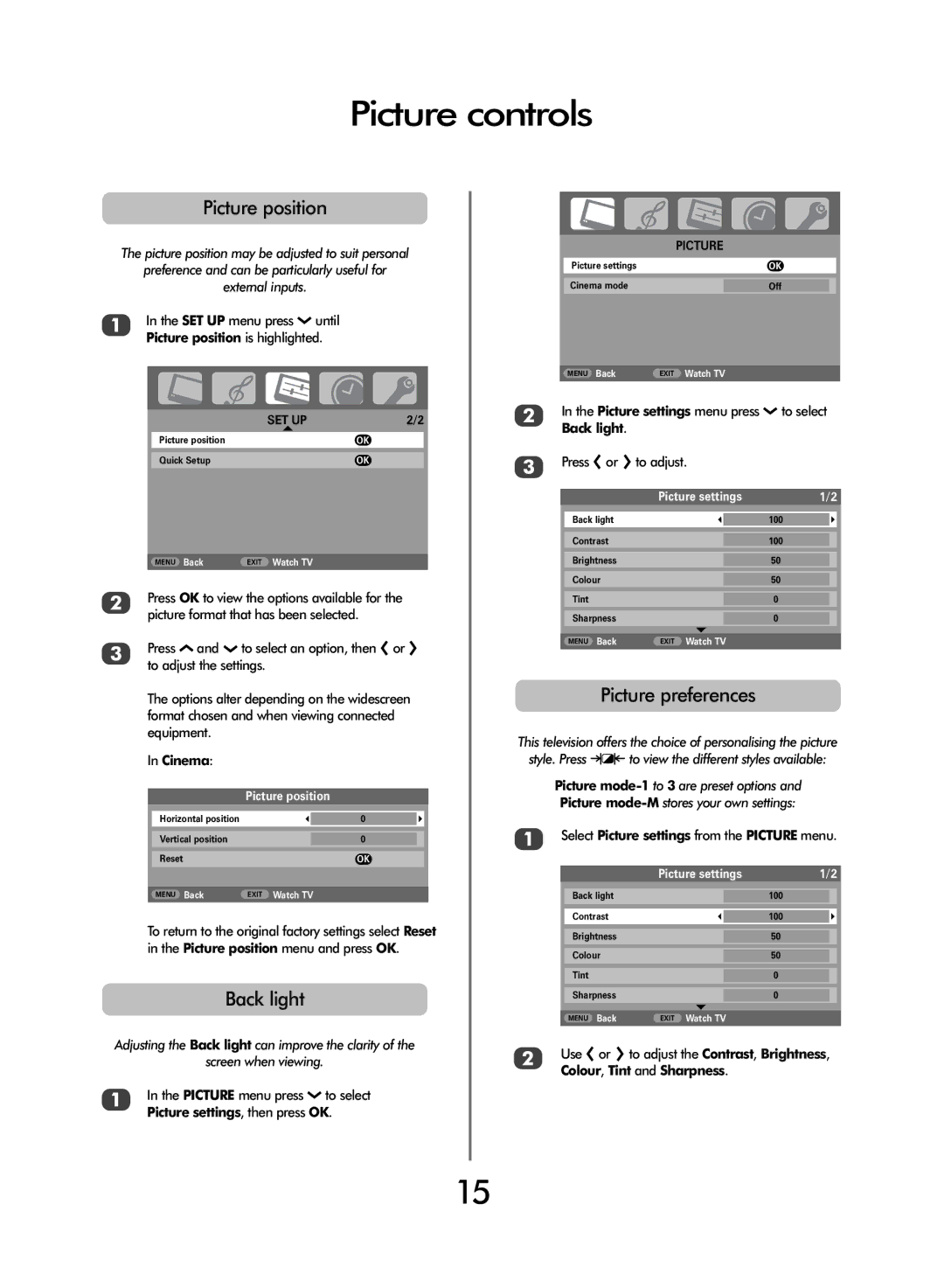 Toshiba 27WL56 Series, 32WL56 Series, 37WL56 Series Picture controls, Picture position, Back light, Picture preferences 