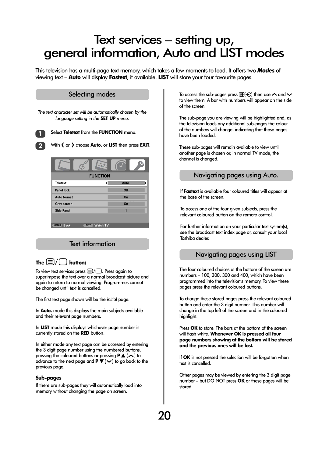 Toshiba 27WL56 Series, 32WL56 Series, 37WL56 Series Selecting modes, Text information, Navigating pages using Auto 