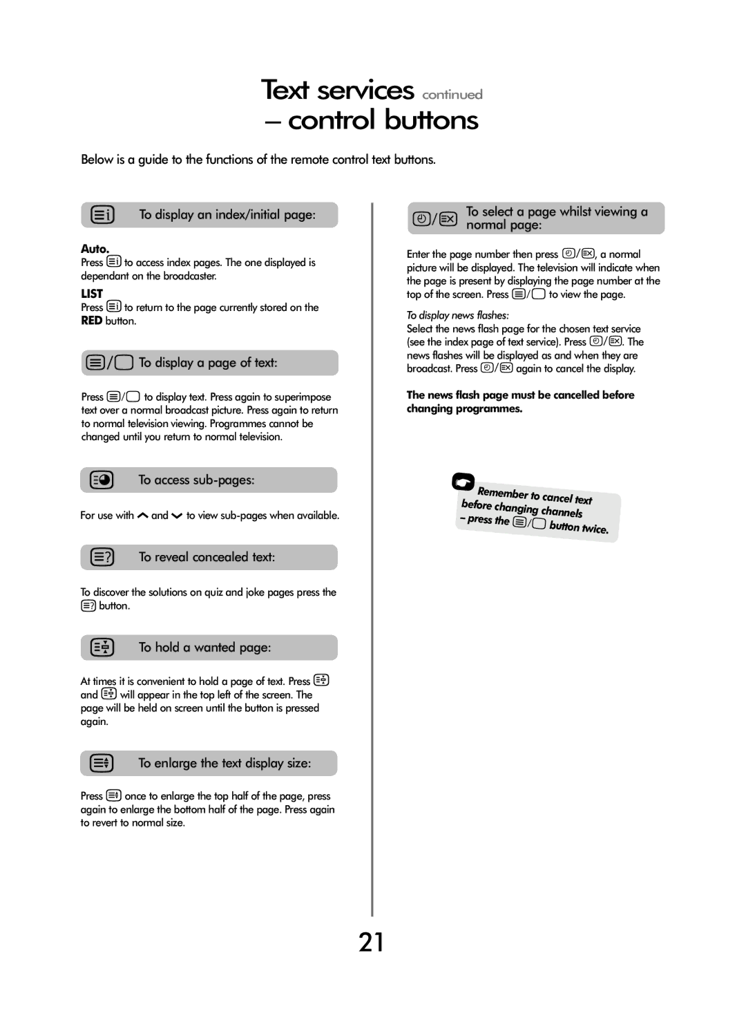 Toshiba 27WL56 Series, 32WL56 Series, 37WL56 Series owner manual Text services Control buttons 