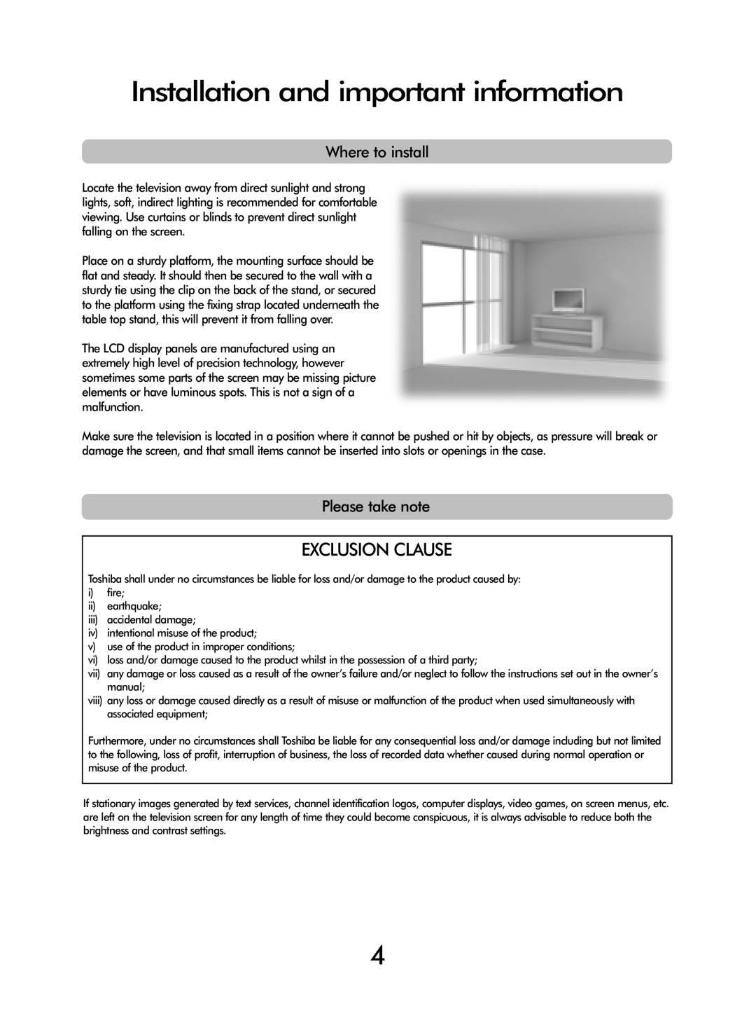 Toshiba 27WL56 Series, 32WL56 Series, 37WL56 Series owner manual Installation and important information, Where to install 