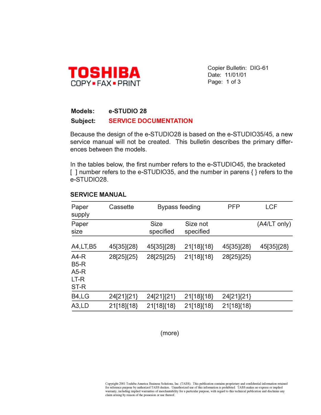 Toshiba 28 warranty Models e-STUDIO, Subject Service Documentation, Pfp Lcf, LT-R ST-R B4,LG, A3,LD 