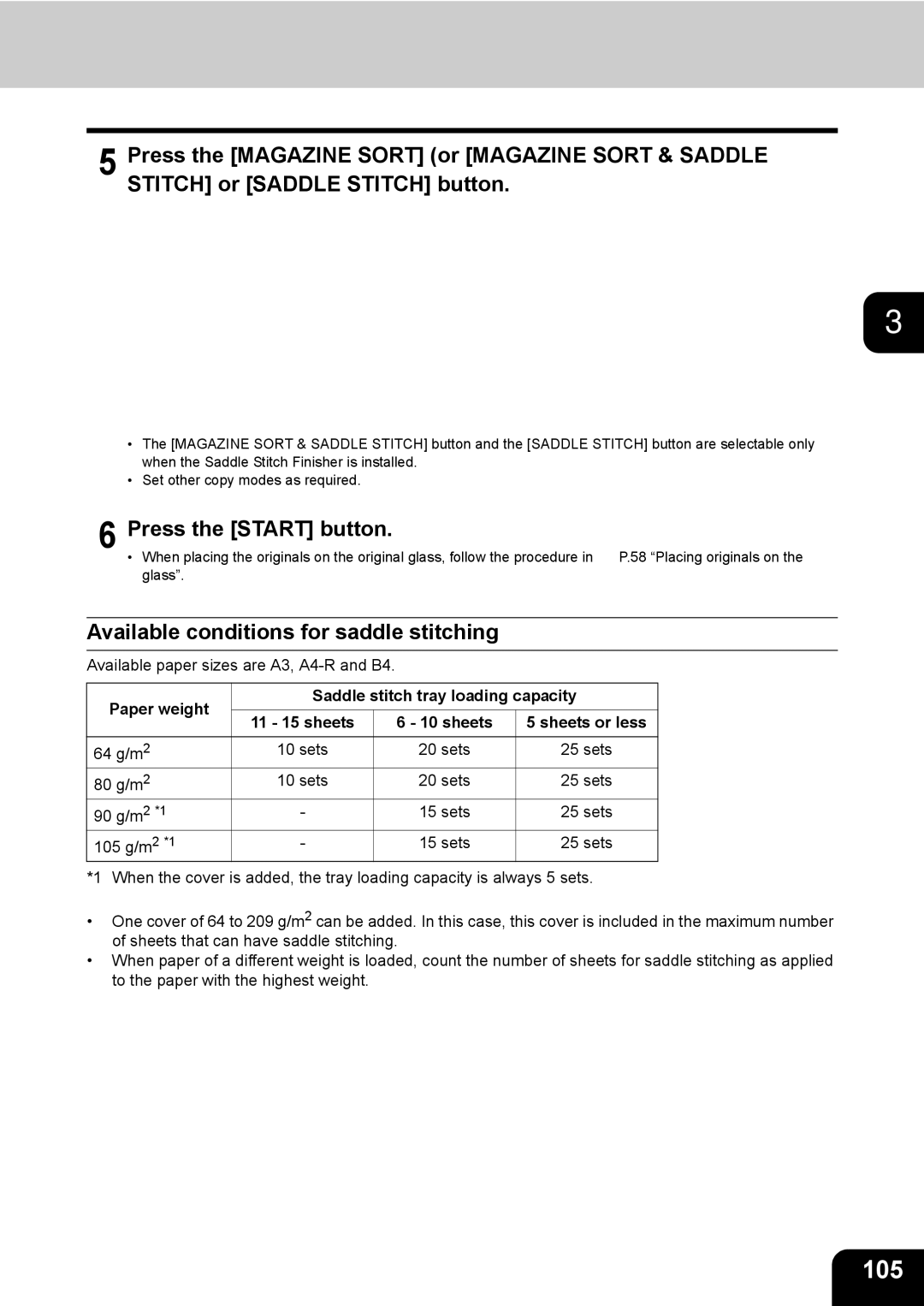 Toshiba 281c/351c/451c 105, Available conditions for saddle stitching, Paper weight Saddle stitch tray loading capacity 