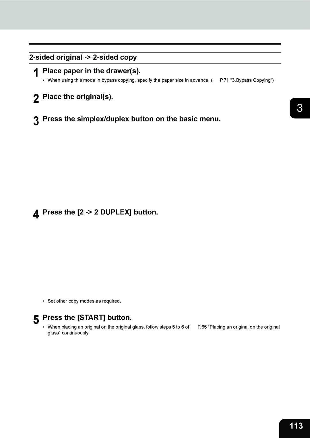 Toshiba 281c/351c/451c manual 113, Sided original 2-sided copy Place paper in the drawers, Press the 2 2 Duplex button 