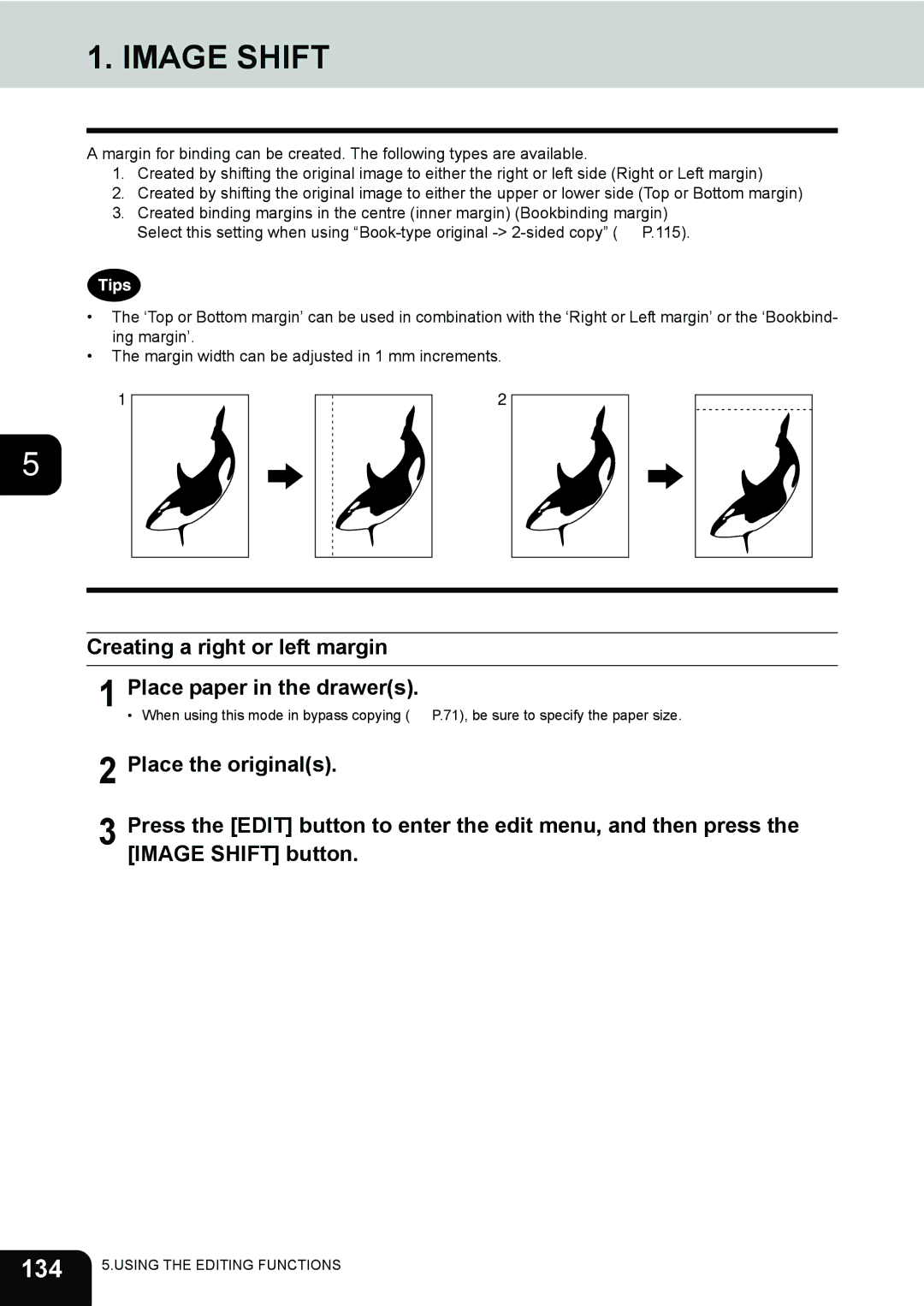 Toshiba 281c/351c/451c manual Image Shift, 134, Creating a right or left margin Place paper in the drawers 