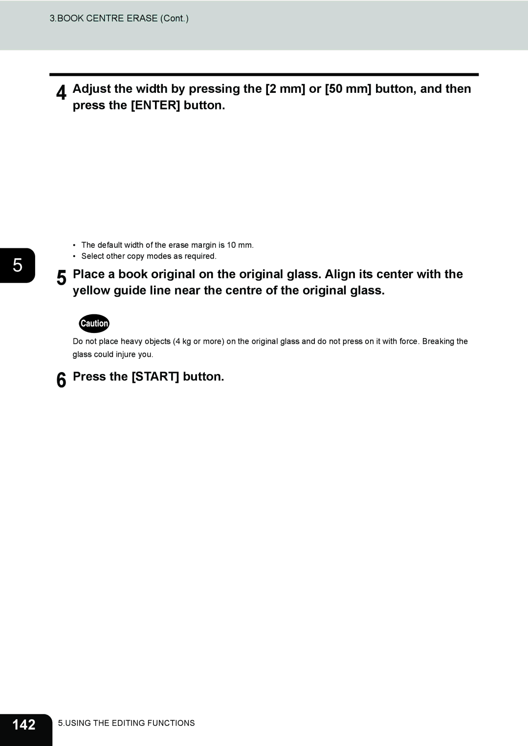 Toshiba 281c/351c/451c manual 142, Yellow guide line near the centre of the original glass 