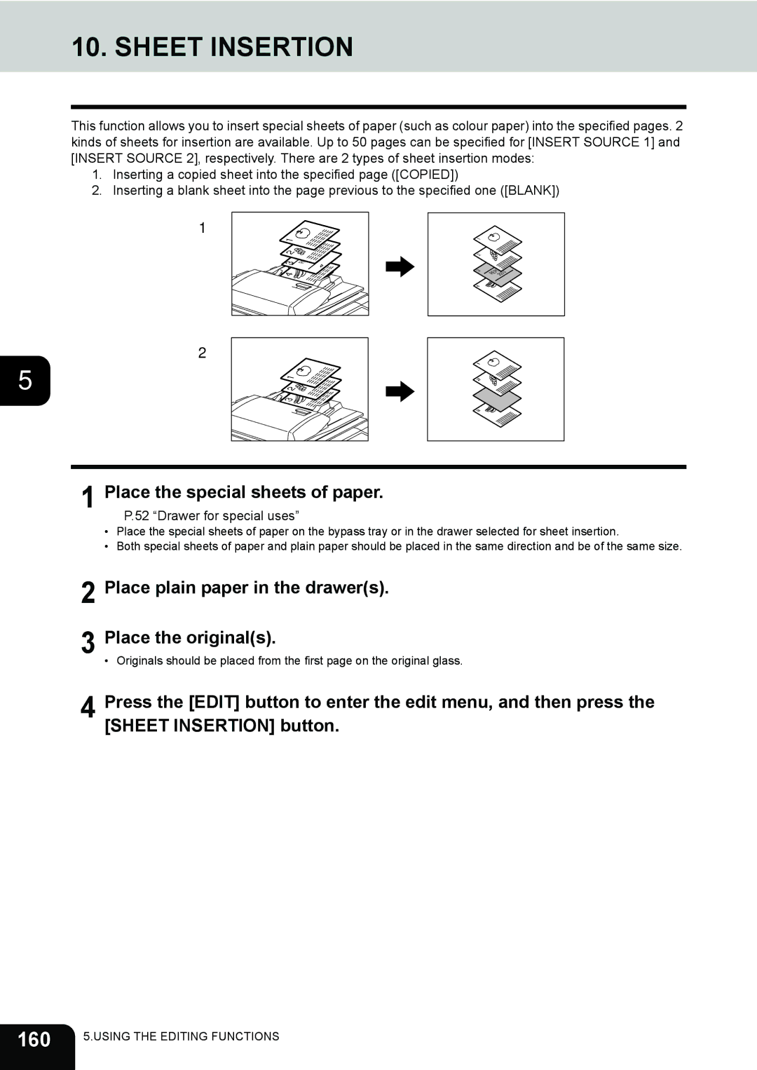 Toshiba 281c/351c/451c manual Sheet Insertion, 160, Place the special sheets of paper 