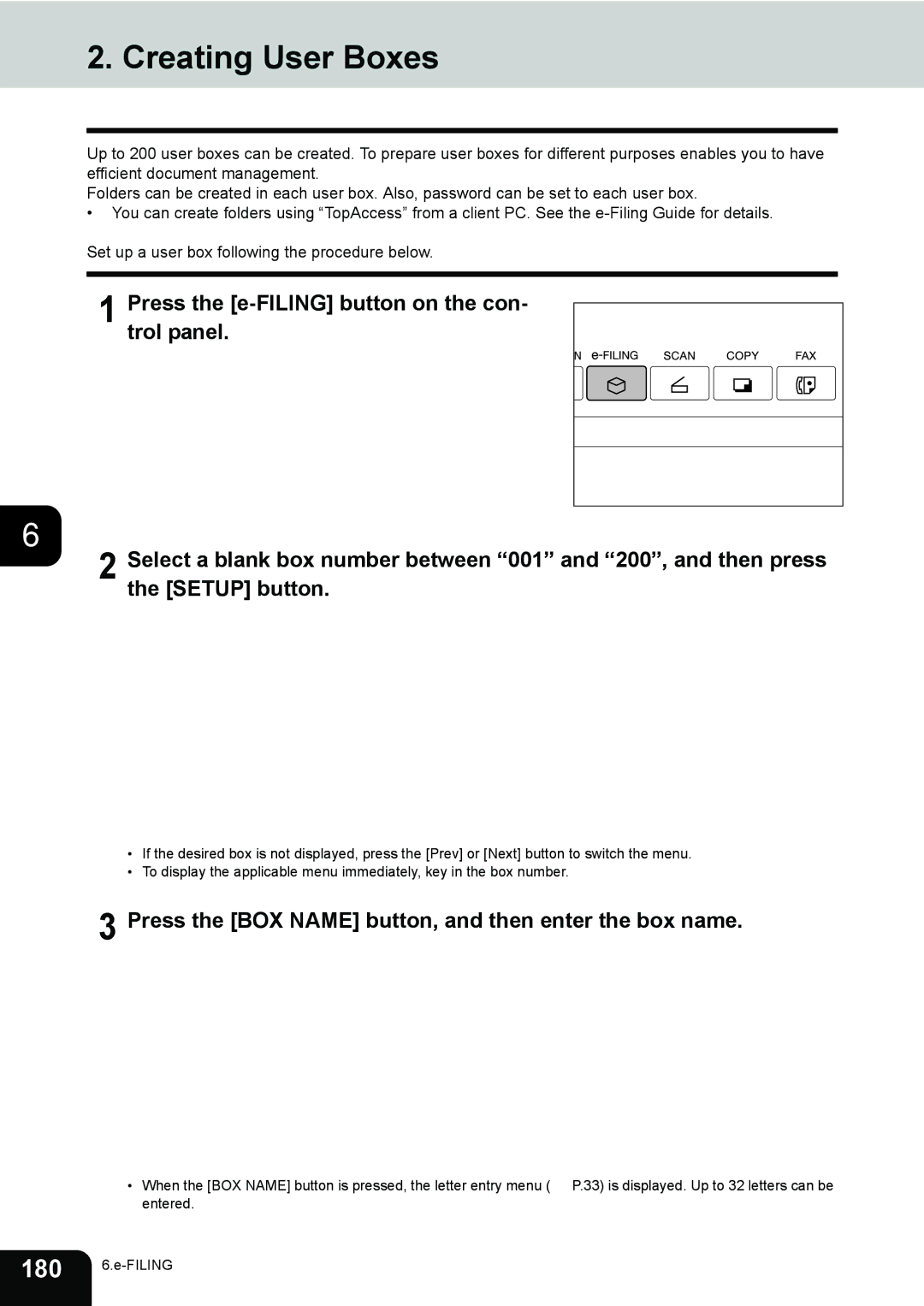 Toshiba 281c/351c/451c manual Creating User Boxes, Press the BOX Name button, and then enter the box name 