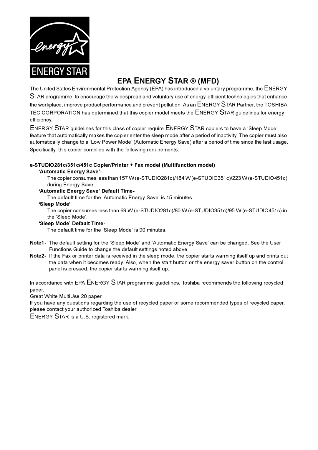 Toshiba 281c/351c/451c manual EPA Energy Star MFD 