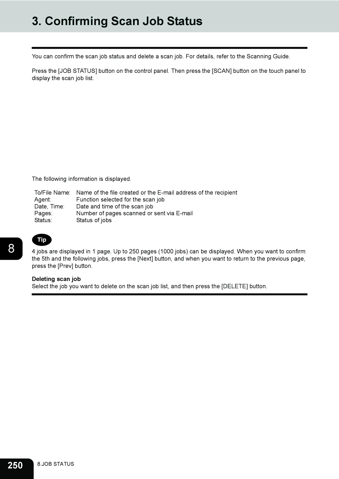 Toshiba 281c/351c/451c manual Confirming Scan Job Status, 250, Deleting scan job 