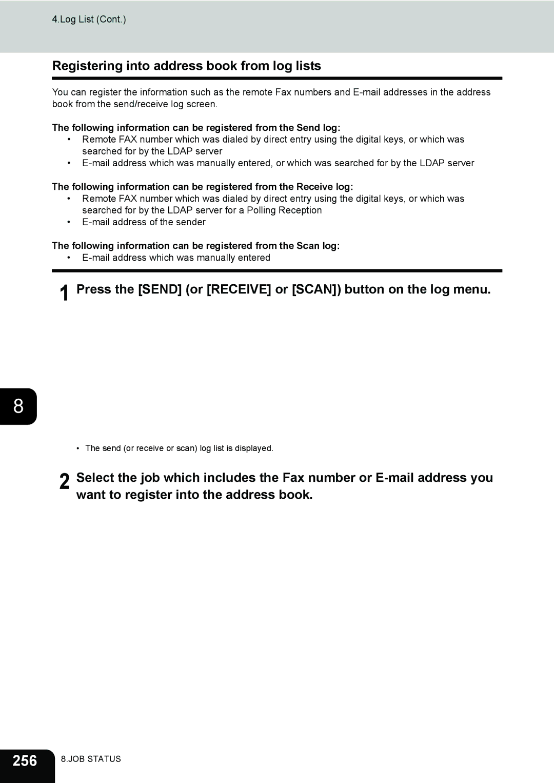 Toshiba 281c/351c/451c manual 256, Registering into address book from log lists 