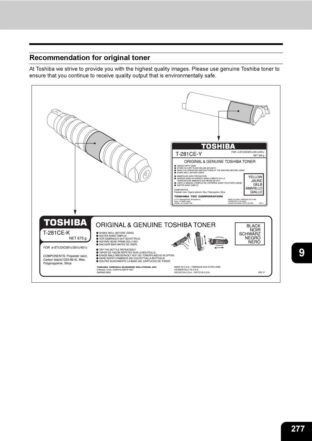 Toshiba 281c/351c/451c manual 277, Recommendation for original toner 