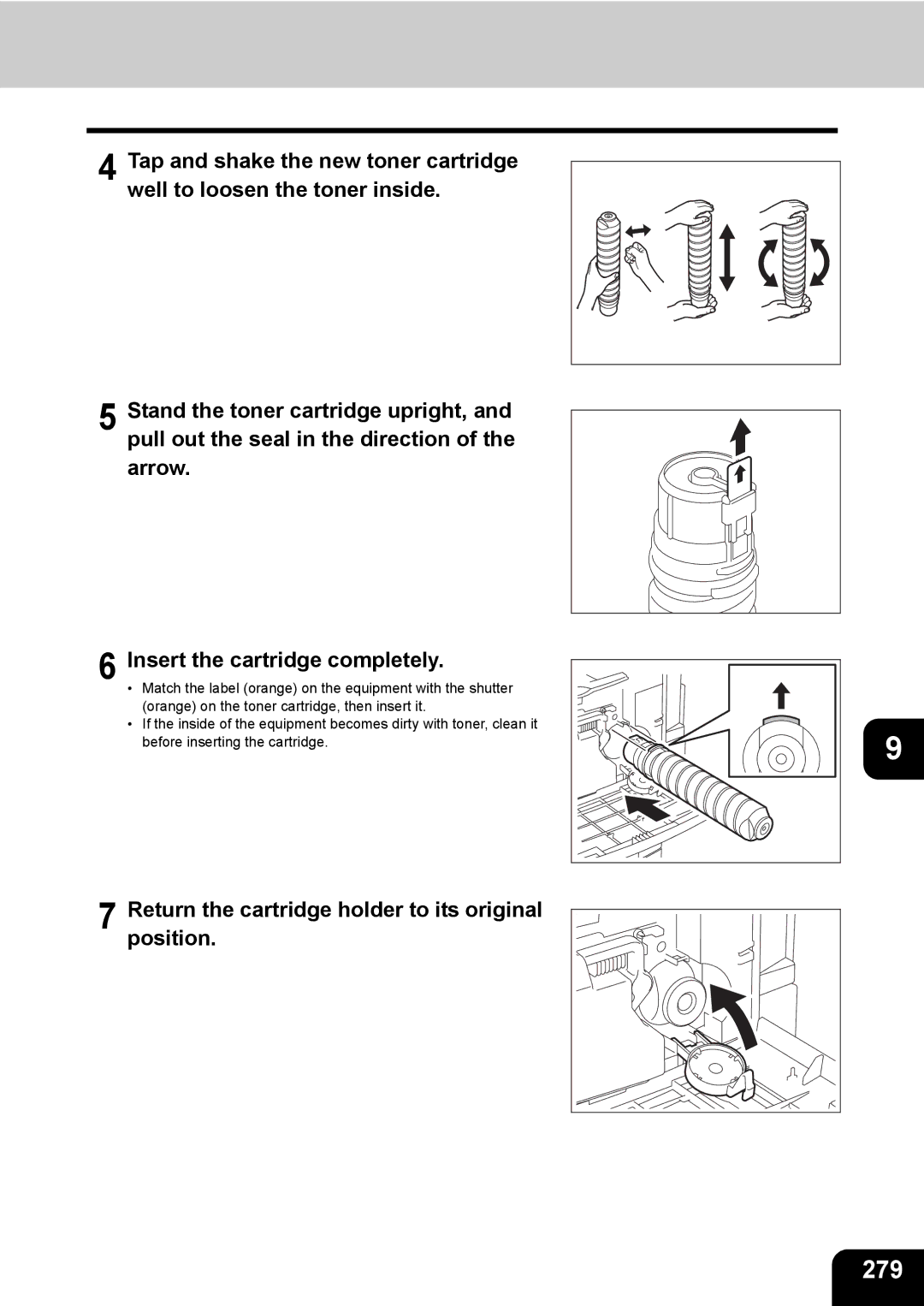 Toshiba 281c/351c/451c manual 279, Return the cartridge holder to its original position 