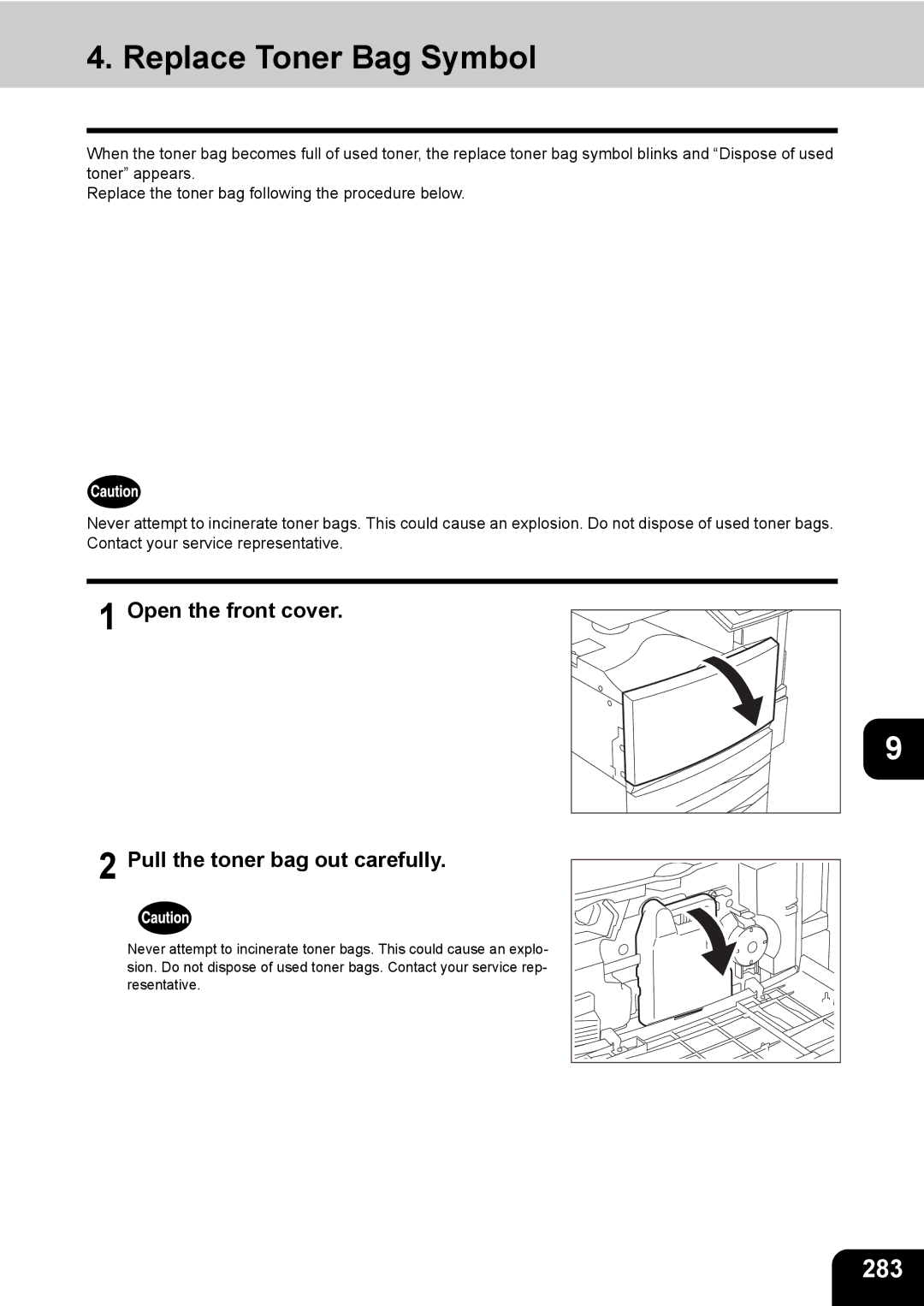 Toshiba 281c/351c/451c manual Replace Toner Bag Symbol, 283, Open the front cover Pull the toner bag out carefully 