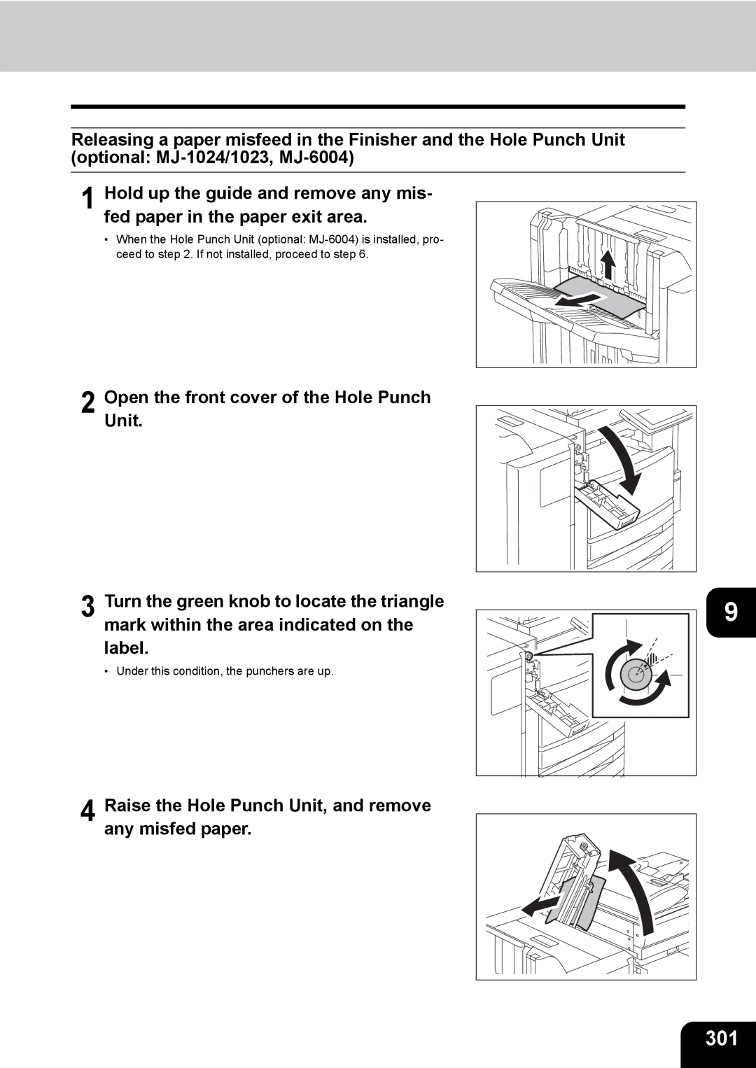 Toshiba 281c/351c/451c manual 301, Raise the Hole Punch Unit, and remove any misfed paper 