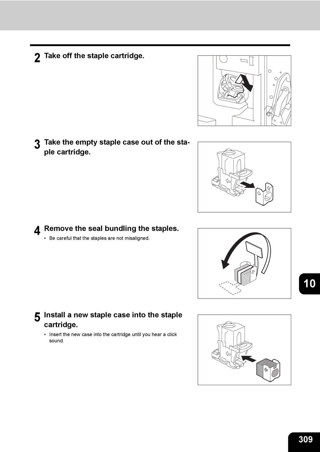 Toshiba 281c/351c/451c manual 309, Install a new staple case into the staple cartridge 