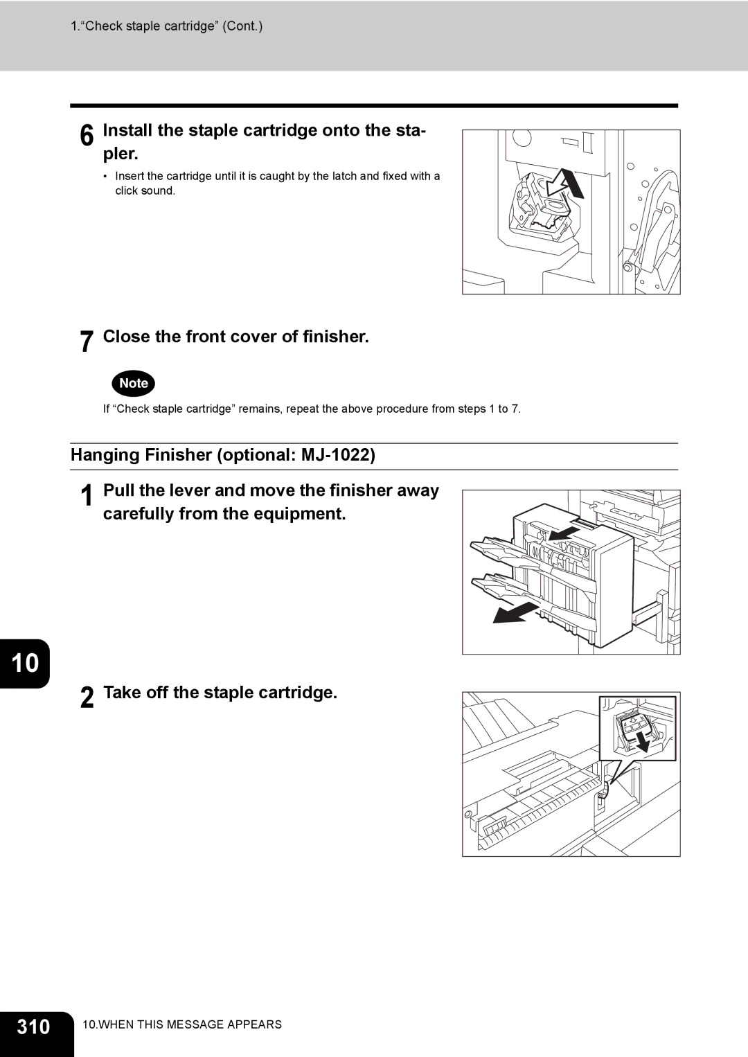 Toshiba 281c/351c/451c manual 310, Installpler. the staple cartridge onto the sta, Close the front cover of finisher 