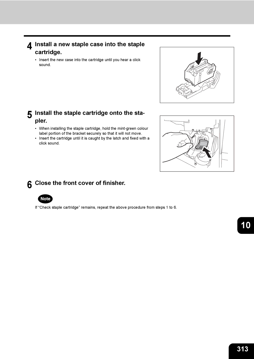 Toshiba 281c/351c/451c manual 313, Installpler. the staple cartridge onto the sta 