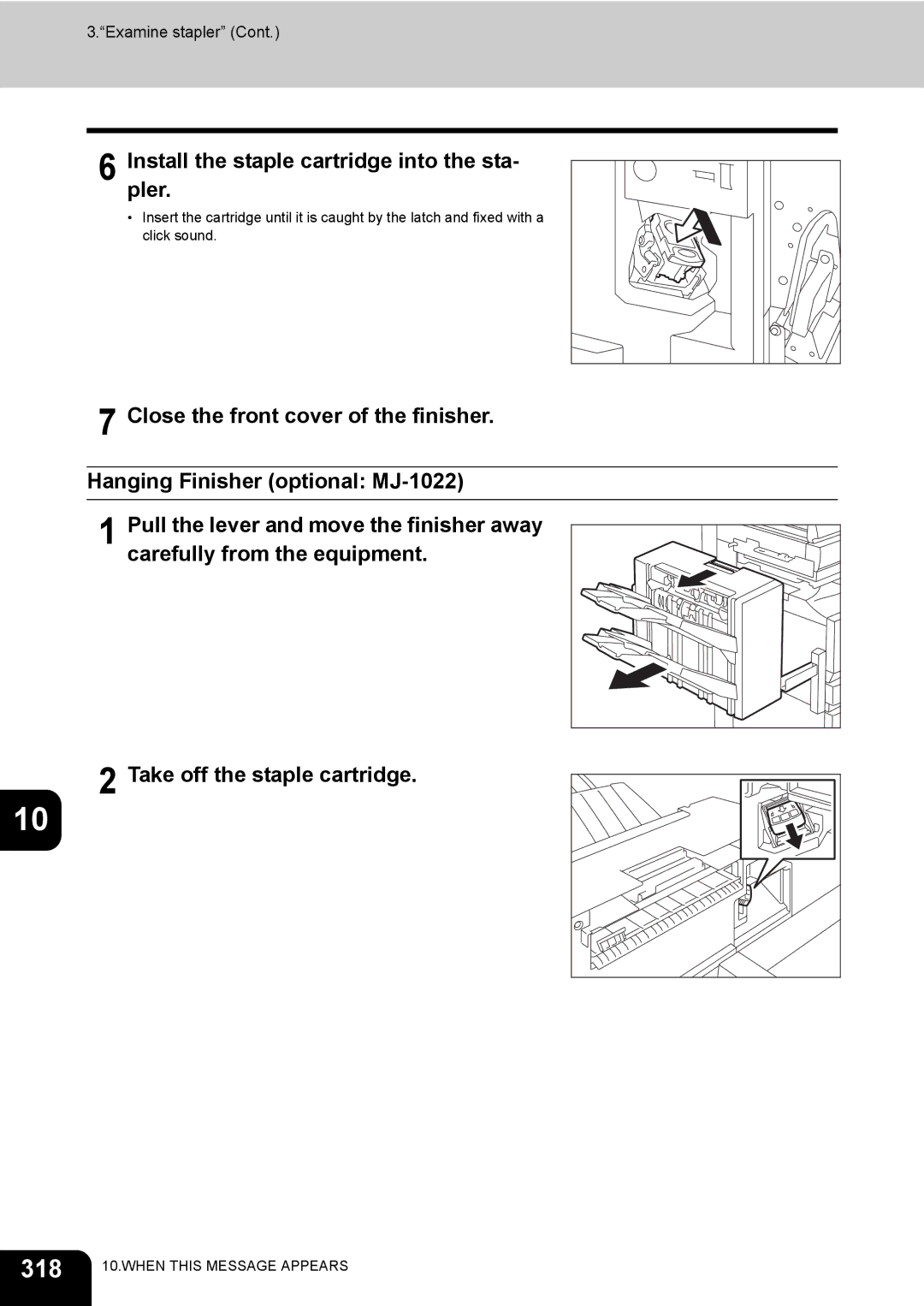 Toshiba 281c/351c/451c manual 318, Installpler. the staple cartridge into the sta 