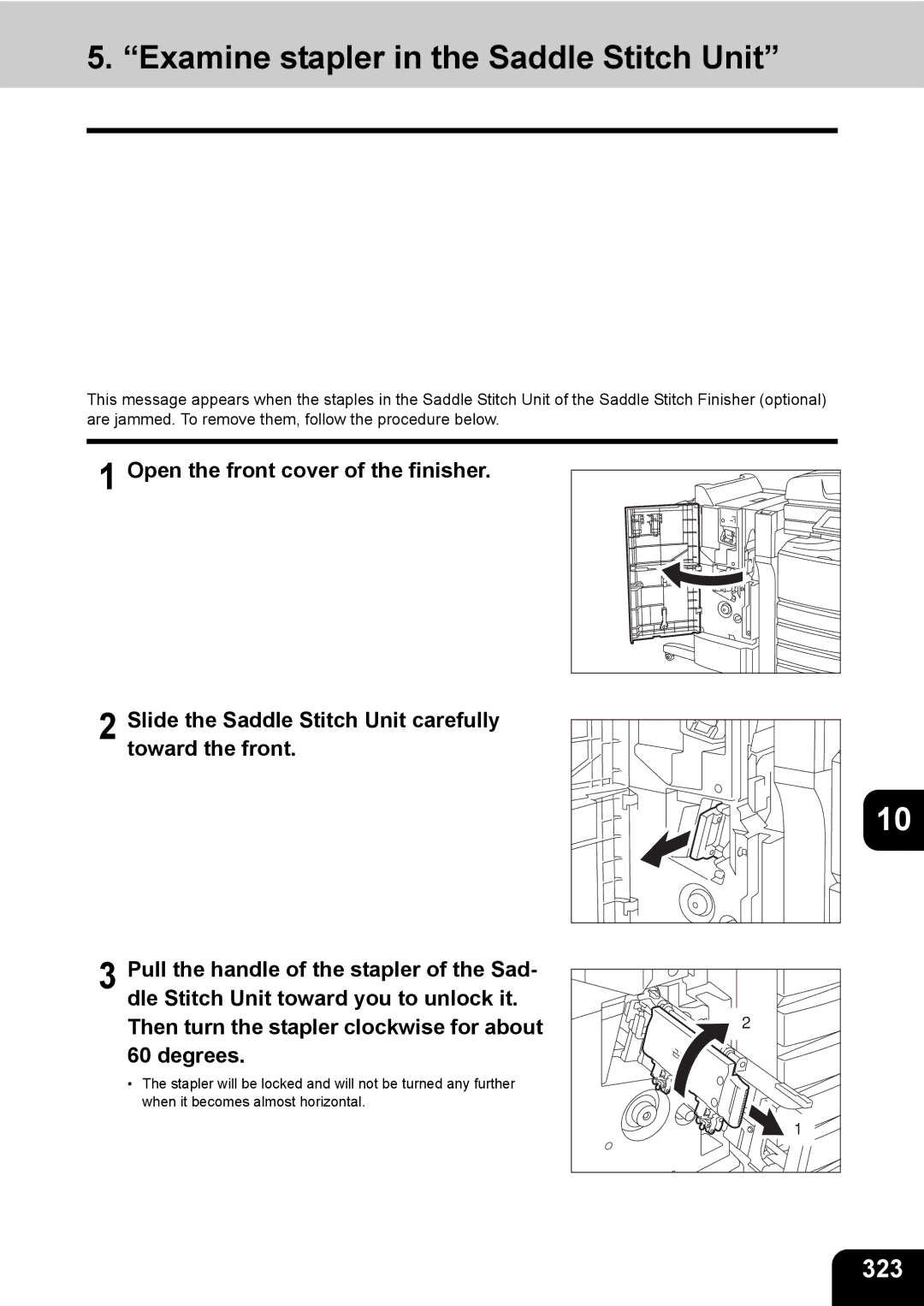 Toshiba 281c/351c/451c manual Examine stapler in the Saddle Stitch Unit, 323 