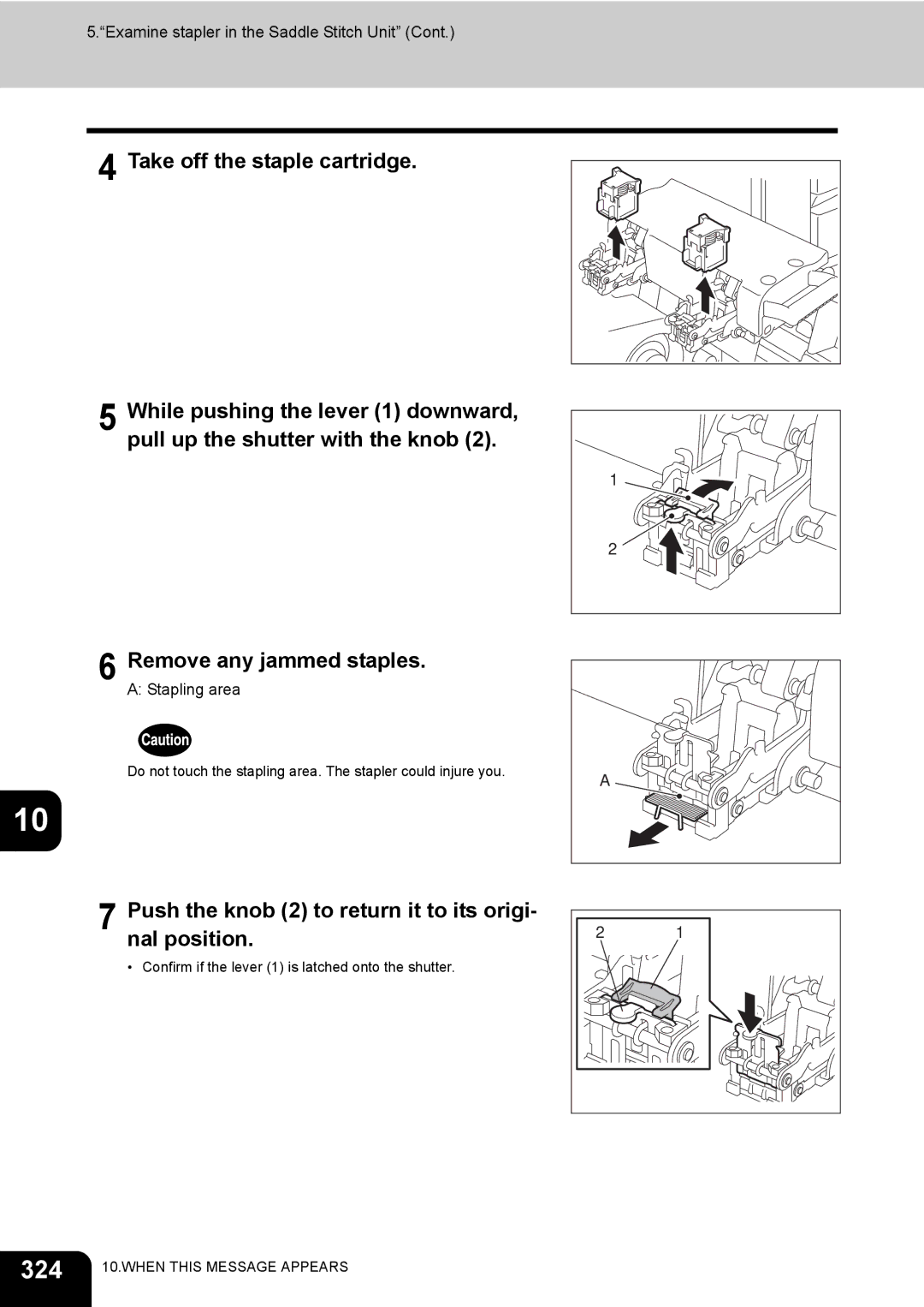 Toshiba 281c/351c/451c manual 324, Push the knob 2 to return it to its origi- nal position 