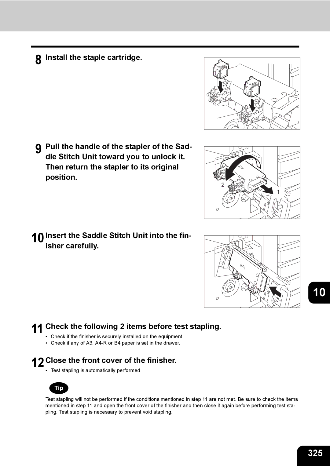 Toshiba 281c/351c/451c manual 325, 12Close the front cover of the finisher 