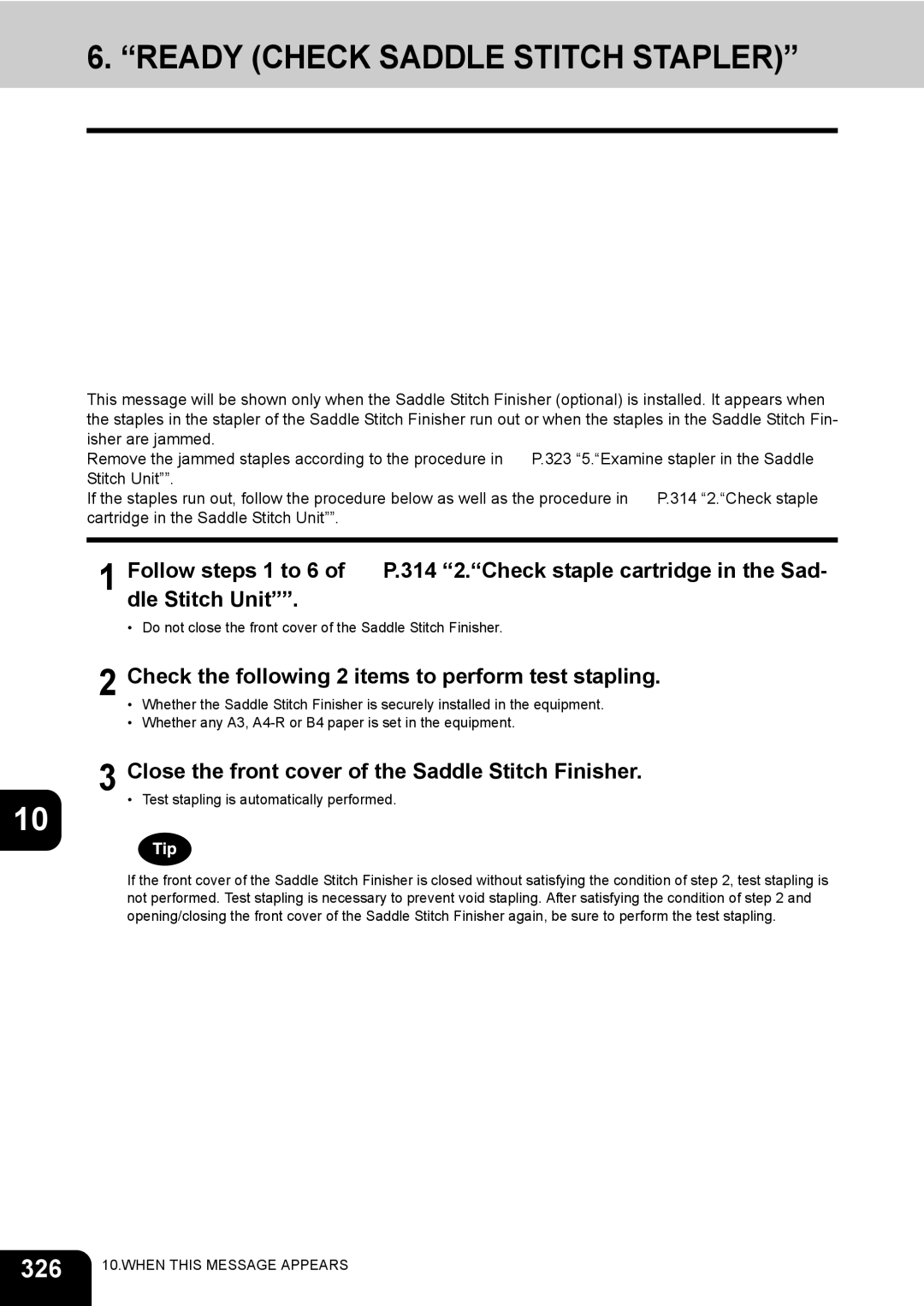 Toshiba 281c/351c/451c manual Ready Check Saddle Stitch Stapler, 326, Check the following 2 items to perform test stapling 