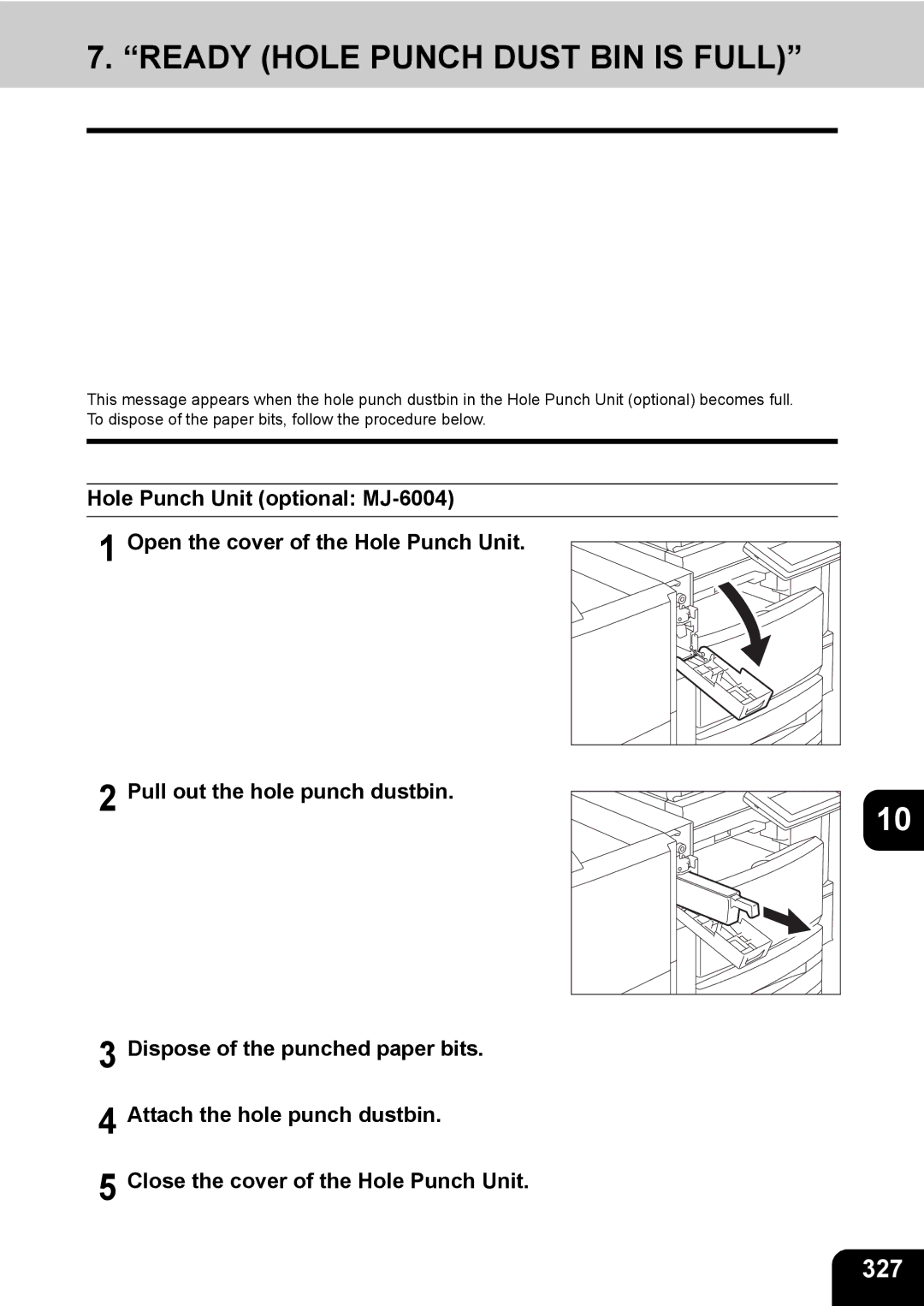Toshiba 281c/351c/451c manual Ready Hole Punch Dust BIN is Full, 327 