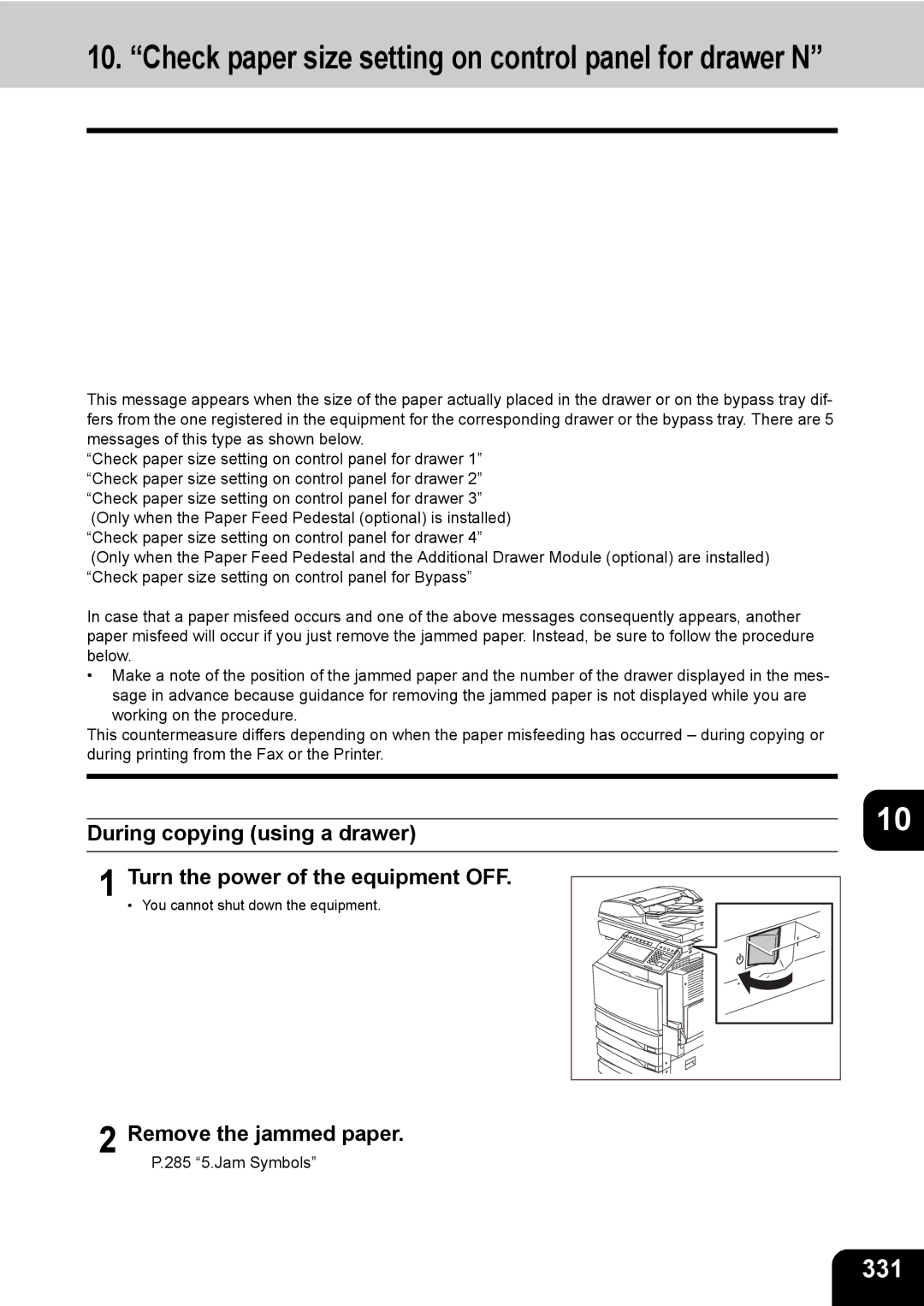 Toshiba 281c/351c/451c manual 331, Remove the jammed paper 