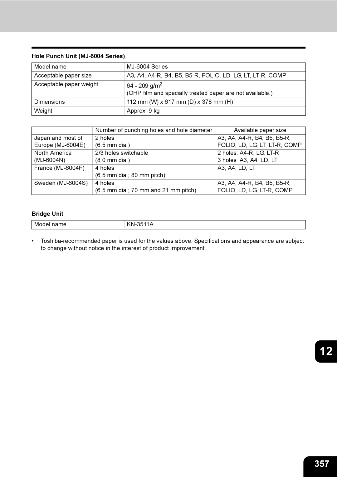 Toshiba 281c/351c/451c manual 357, Hole Punch Unit MJ-6004 Series, FOLIO, LD, LG, LT, LT-R, Comp, Bridge Unit 