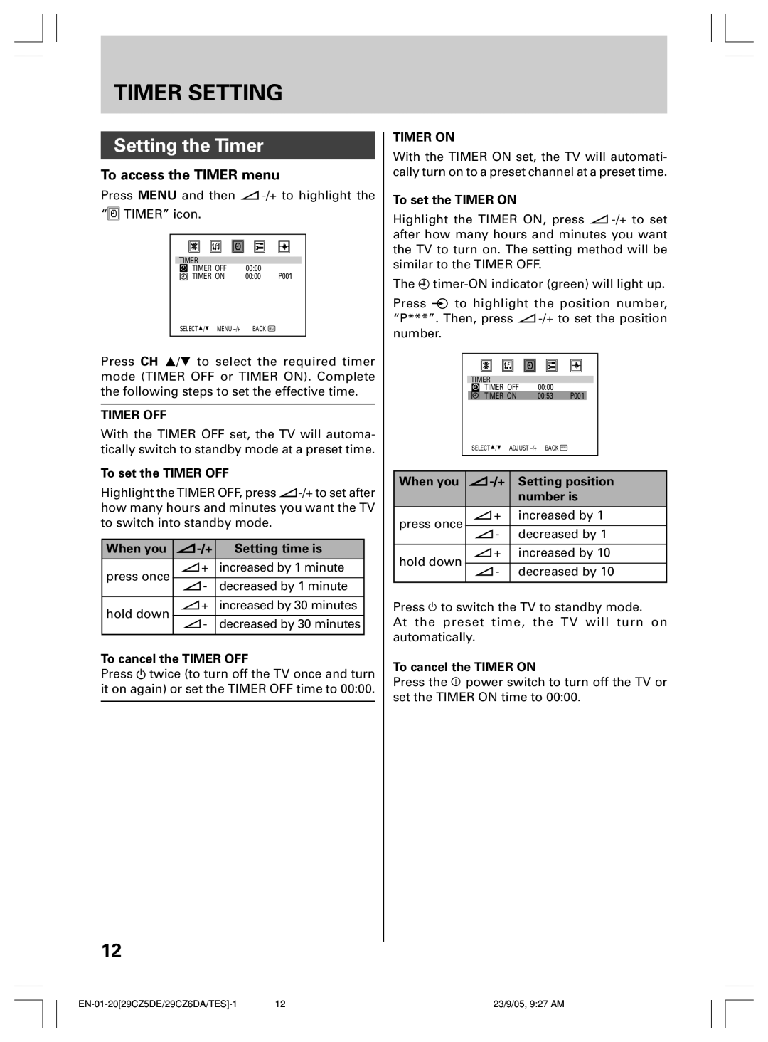 Toshiba 29CZ6DA, 29CZ5DE, 29CZ6TES owner manual Timer Setting, Setting the Timer, To access the Timer menu 