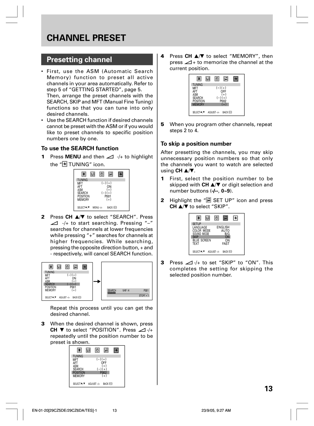 Toshiba 29CZ5DE, 29CZ6DA Channel Preset, Presetting channel, To use the Search function, To skip a position number 