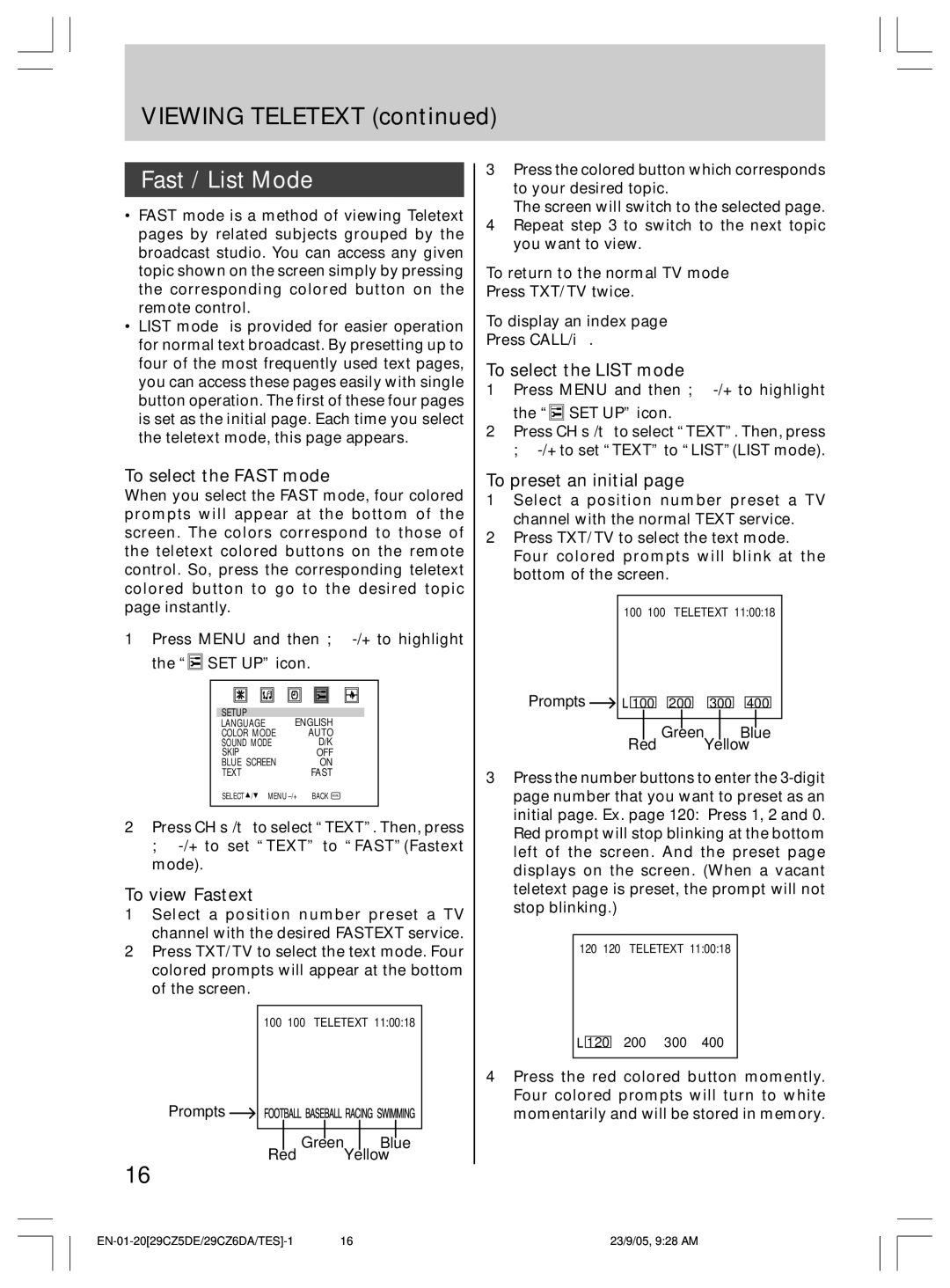 Toshiba 29CZ5DE Fast / List Mode, To select the Fast mode, To view Fastext, To select the List mode, To preset an initial 