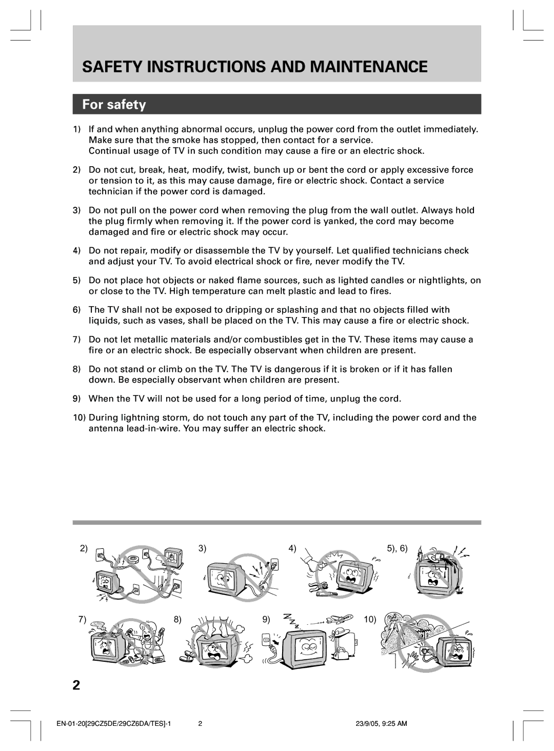 Toshiba 29CZ6TES, 29CZ6DA, 29CZ5DE owner manual Safety Instructions and Maintenance, For safety 