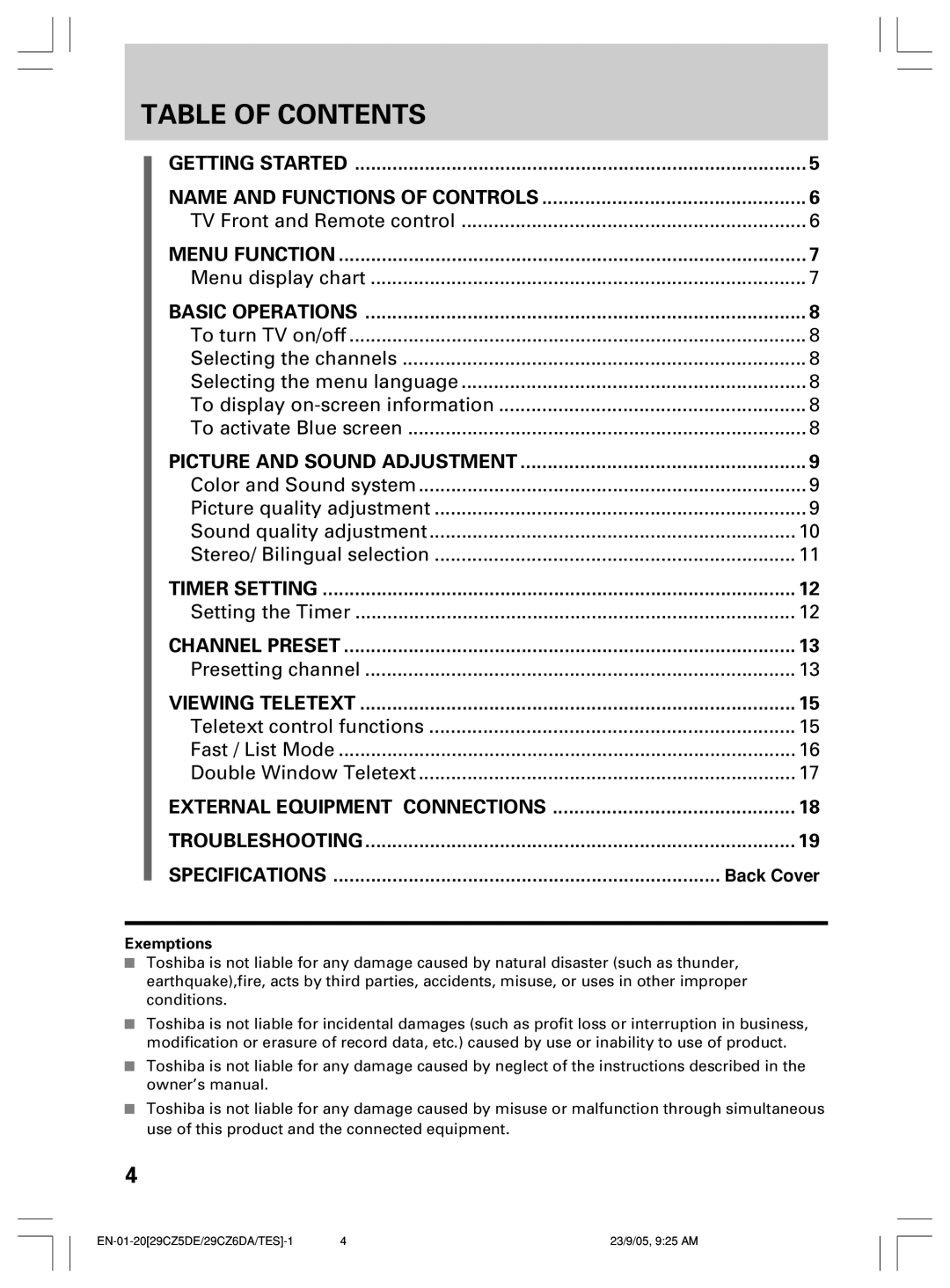 Toshiba 29CZ5DE, 29CZ6DA, 29CZ6TES owner manual Table of Contents 