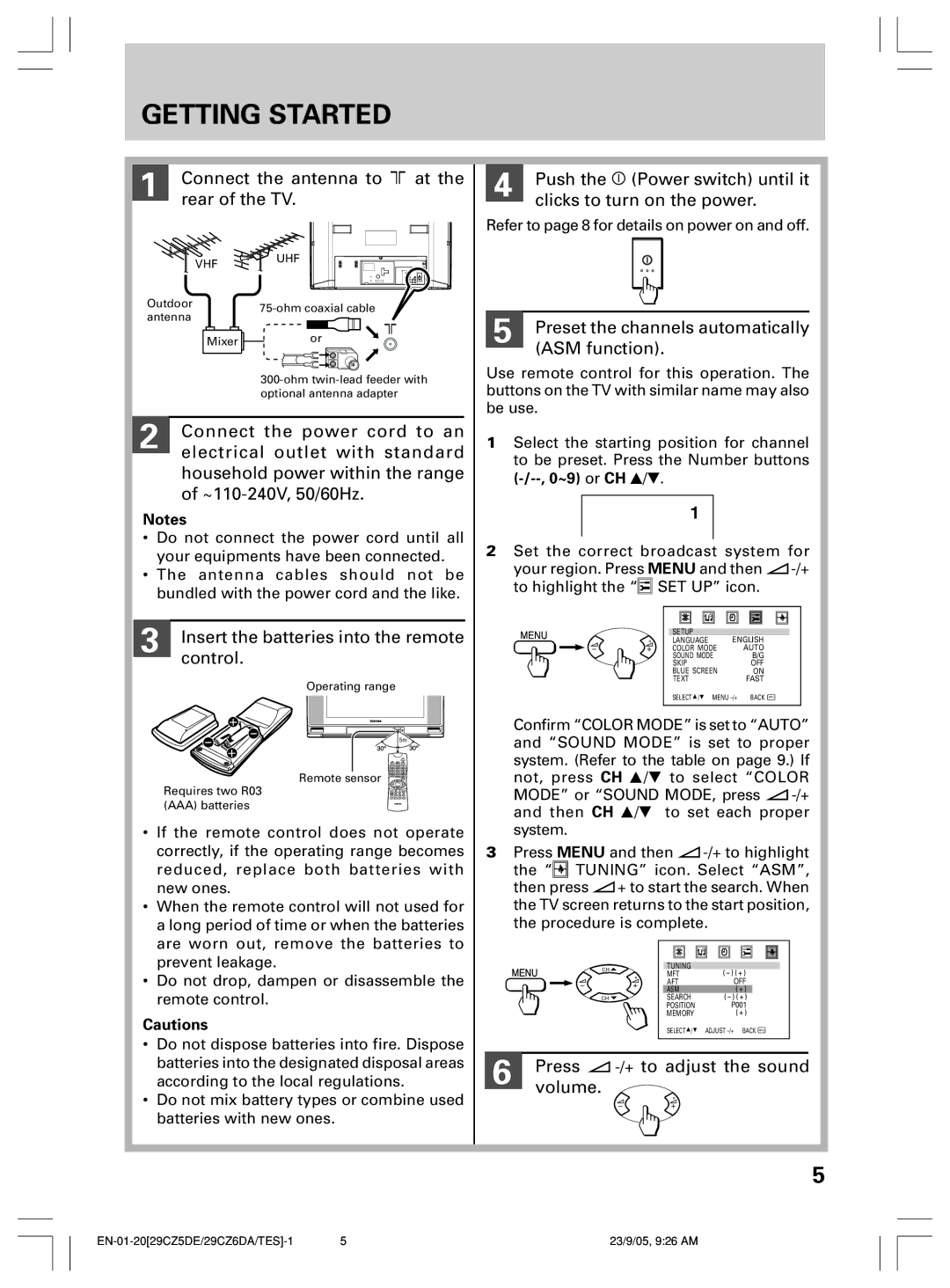 Toshiba 29CZ6TES, 29CZ6DA, 29CZ5DE owner manual Getting Started, Connect the antenna to Rear of the TV 