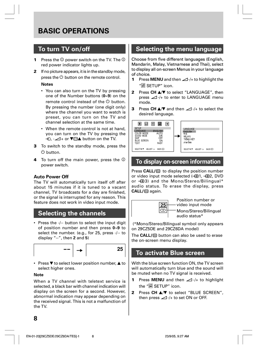 Toshiba 29CZ6TES, 29CZ6DA, 29CZ5DE owner manual Basic Operations 