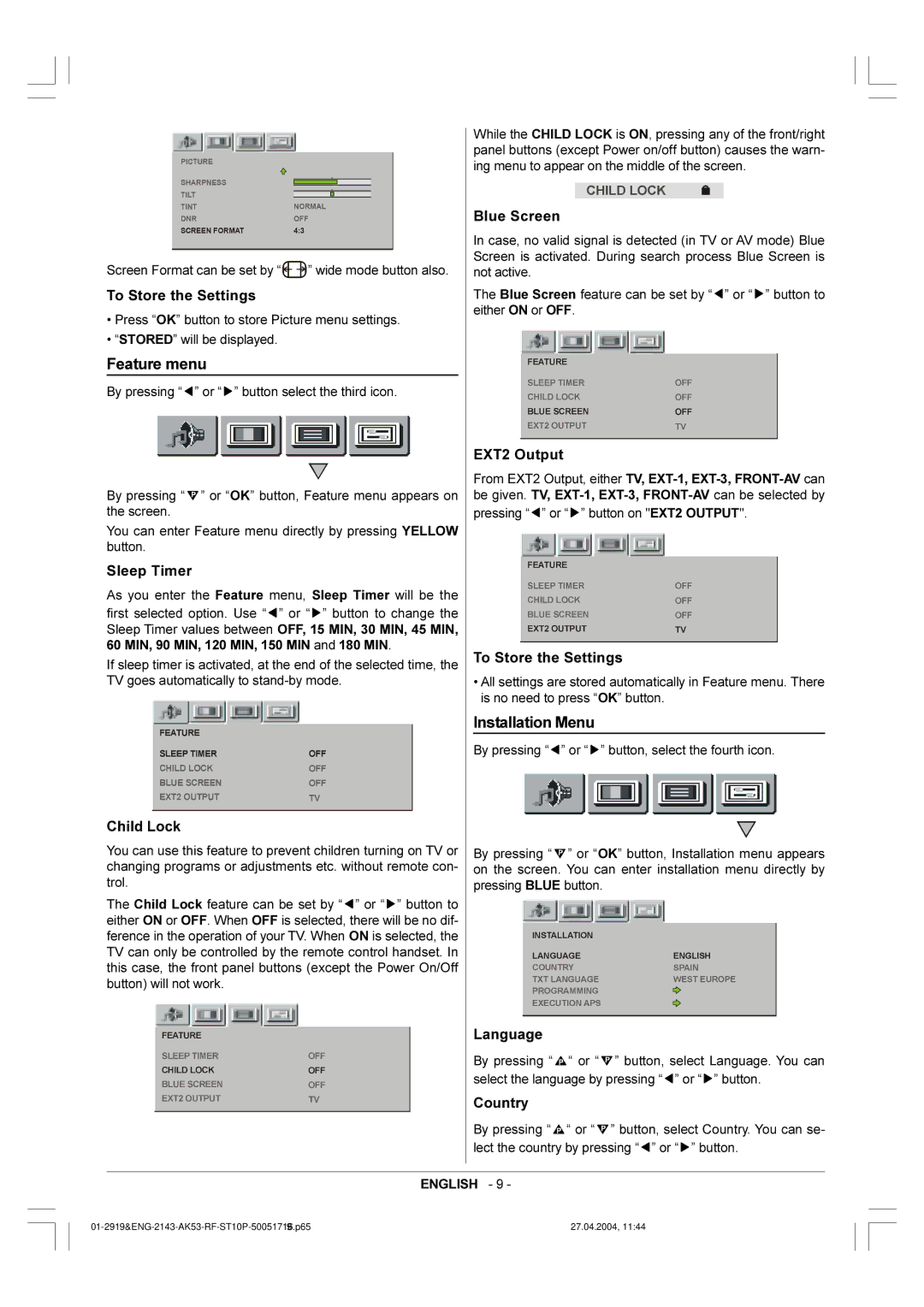 Toshiba 29VH36/37 owner manual Feature menu, Installation Menu 