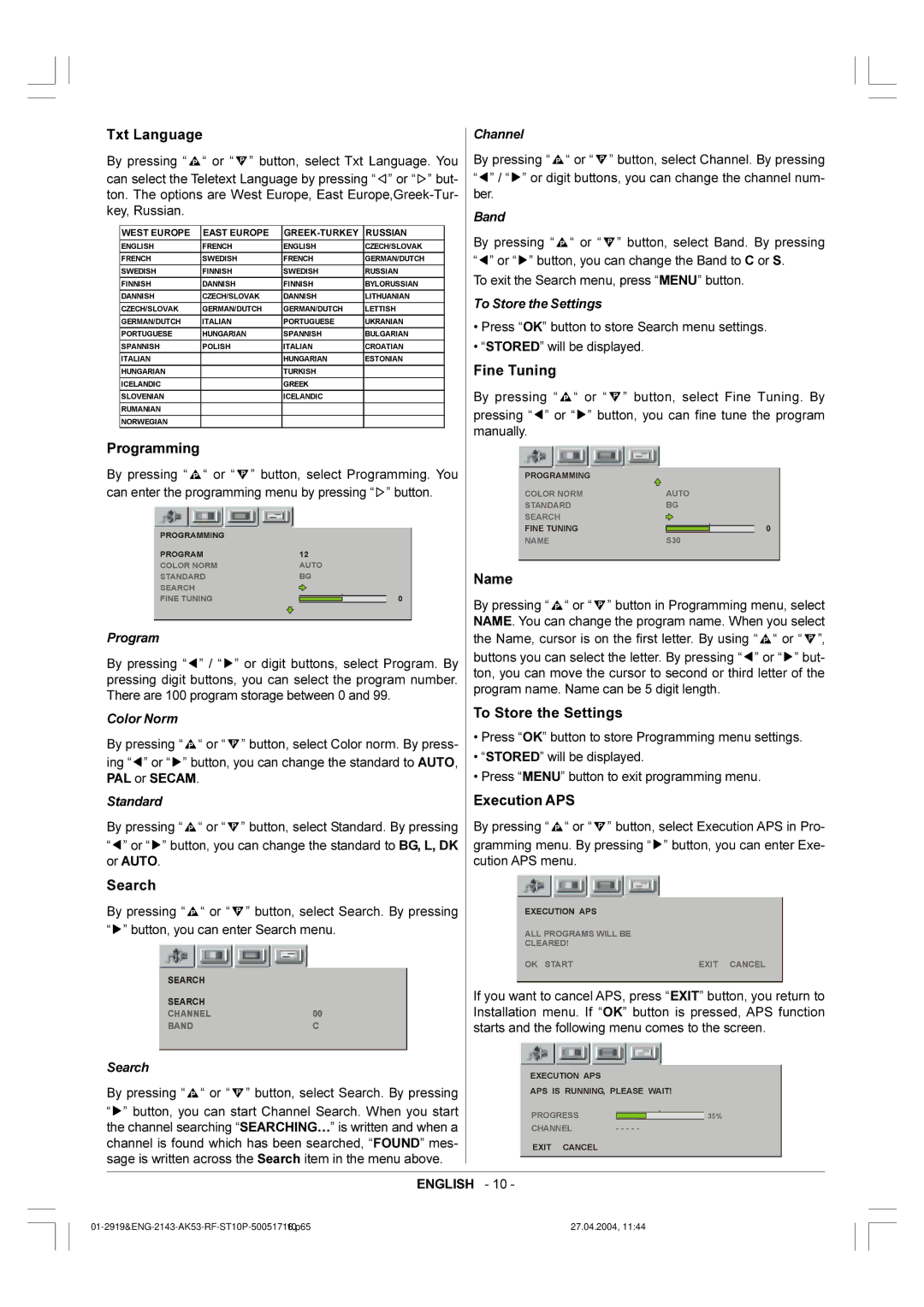 Toshiba 29VH36/37 owner manual Txt Language, Programming, Search, Fine Tuning, Name, Execution APS 