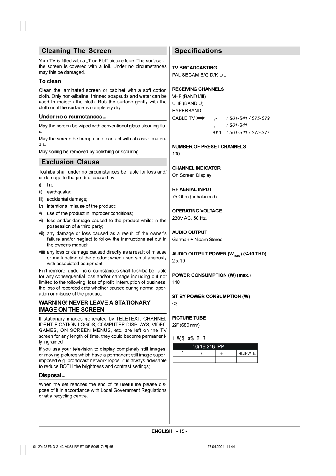 Toshiba 29VH36/37 owner manual Cleaning The Screen, Exclusion Clause, Specifications 