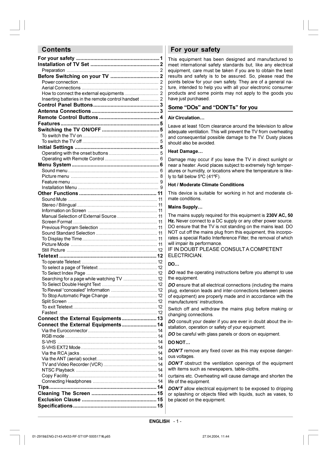 Toshiba 29VH36/37 owner manual Contents, For your safety 