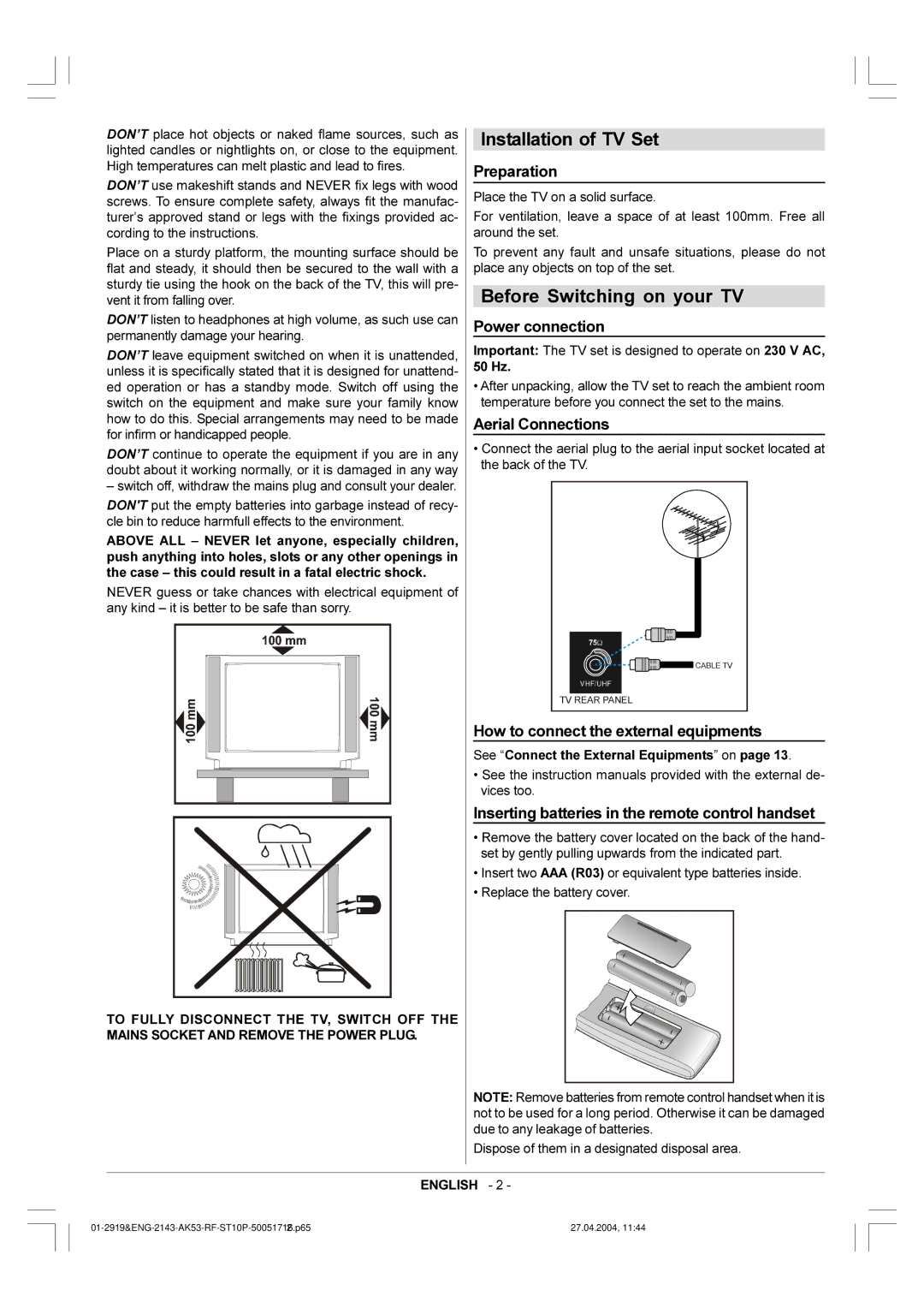 Toshiba 29VH36/37 owner manual DON’T place hot objects or naked flame sources, such as, Vent it from falling over 